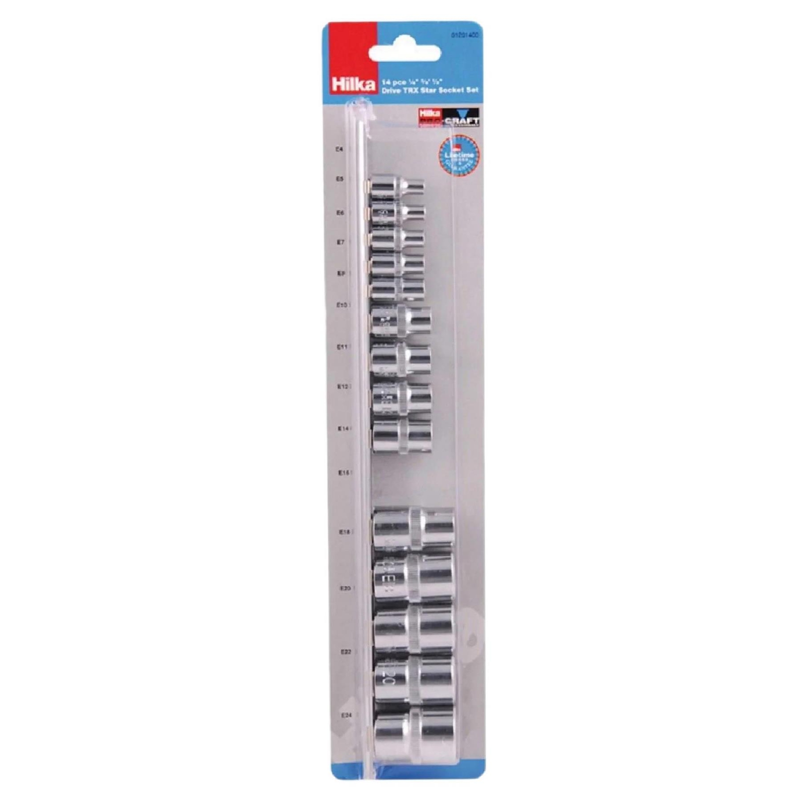 14Pc TX Star Socket Set E4 – E24 CRV Steel 1/2″, 1/4″ & 3/8″ Drive Storage Rail