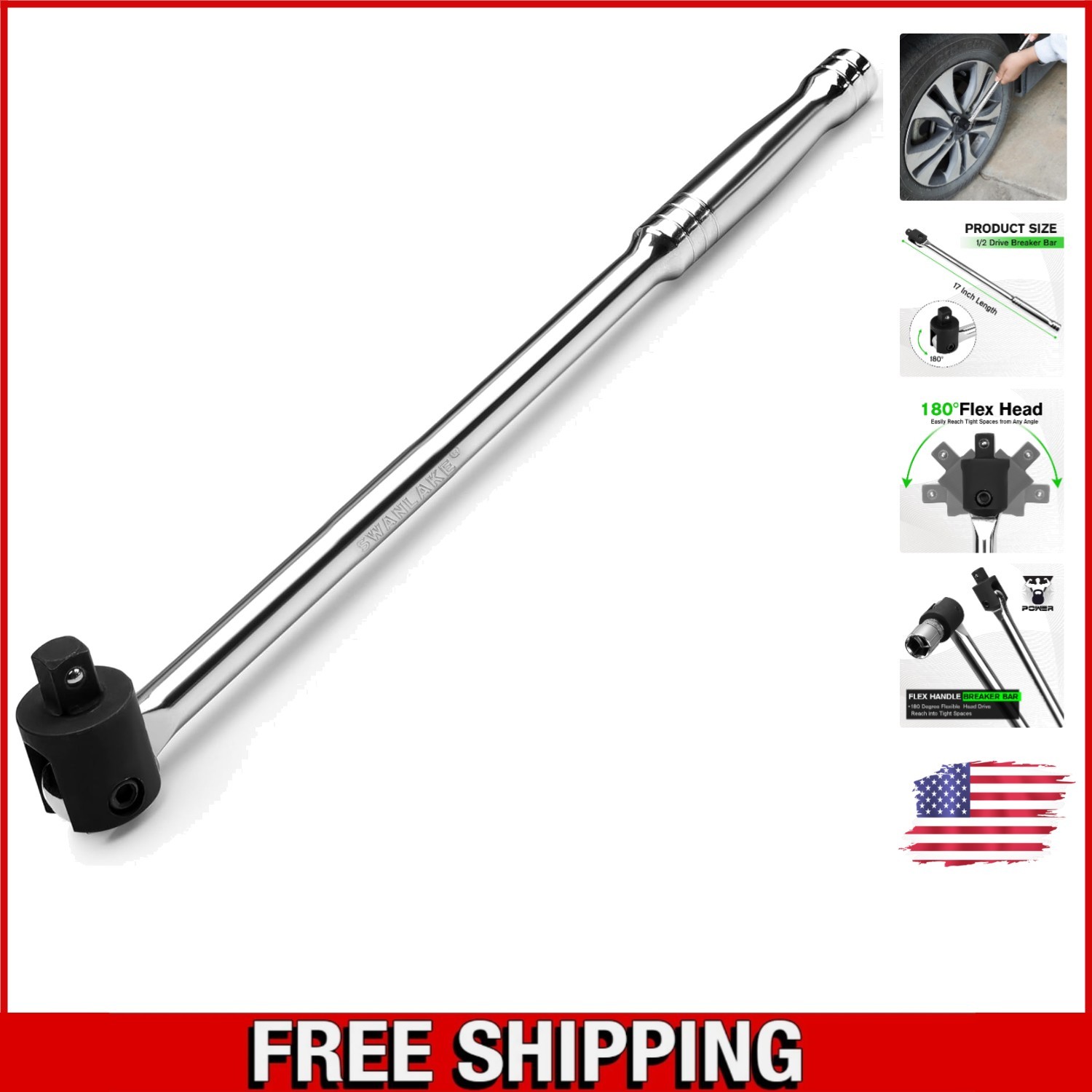 Durable 1/2 Breaker Bar, 17.5 Inches with 180-Degree Swivel for Tight Spaces