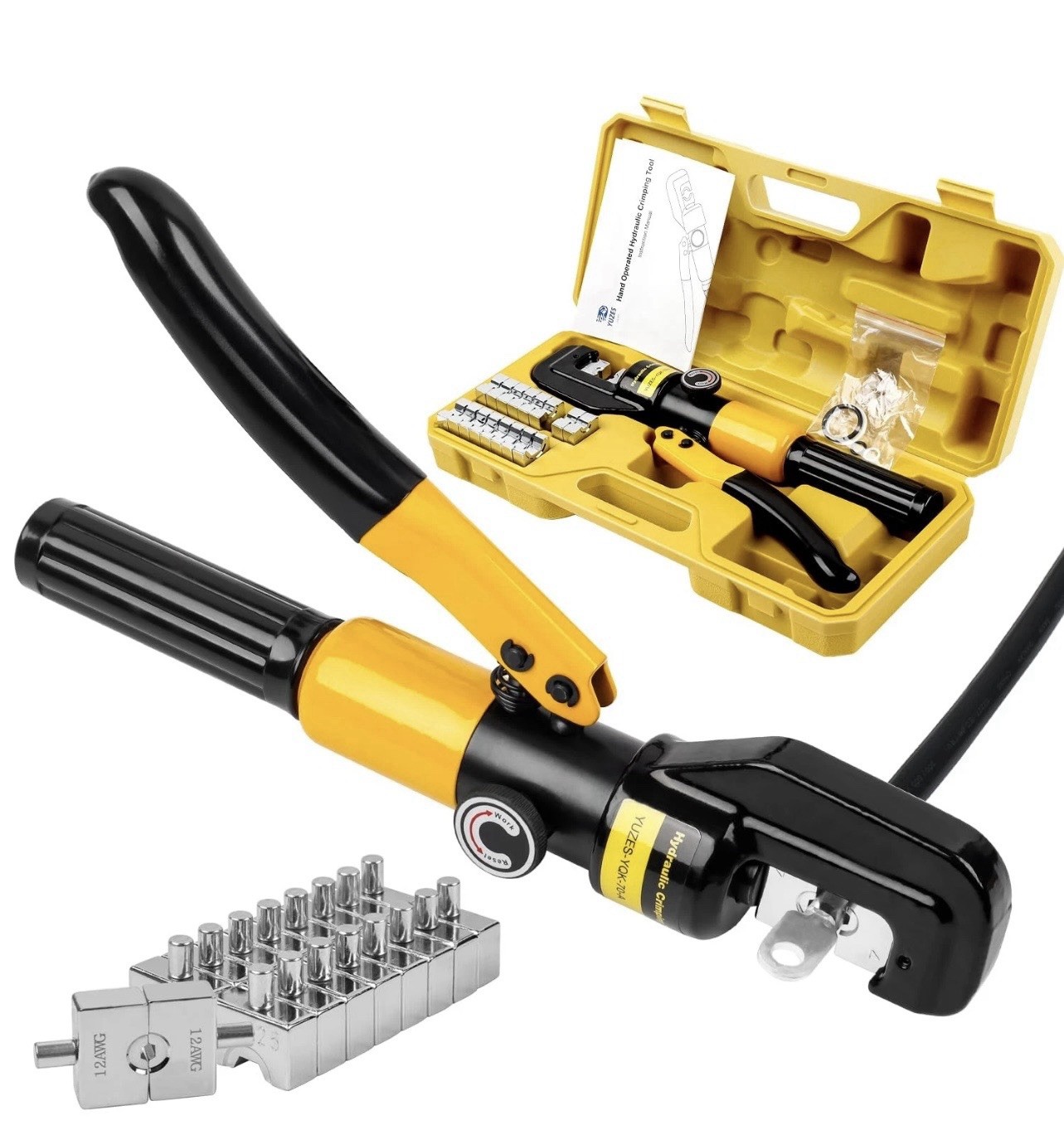 YUZES Hydraulic Crimping Tool 10 Tons, 12 AWG to 2/0 Battery Cable Yellow
