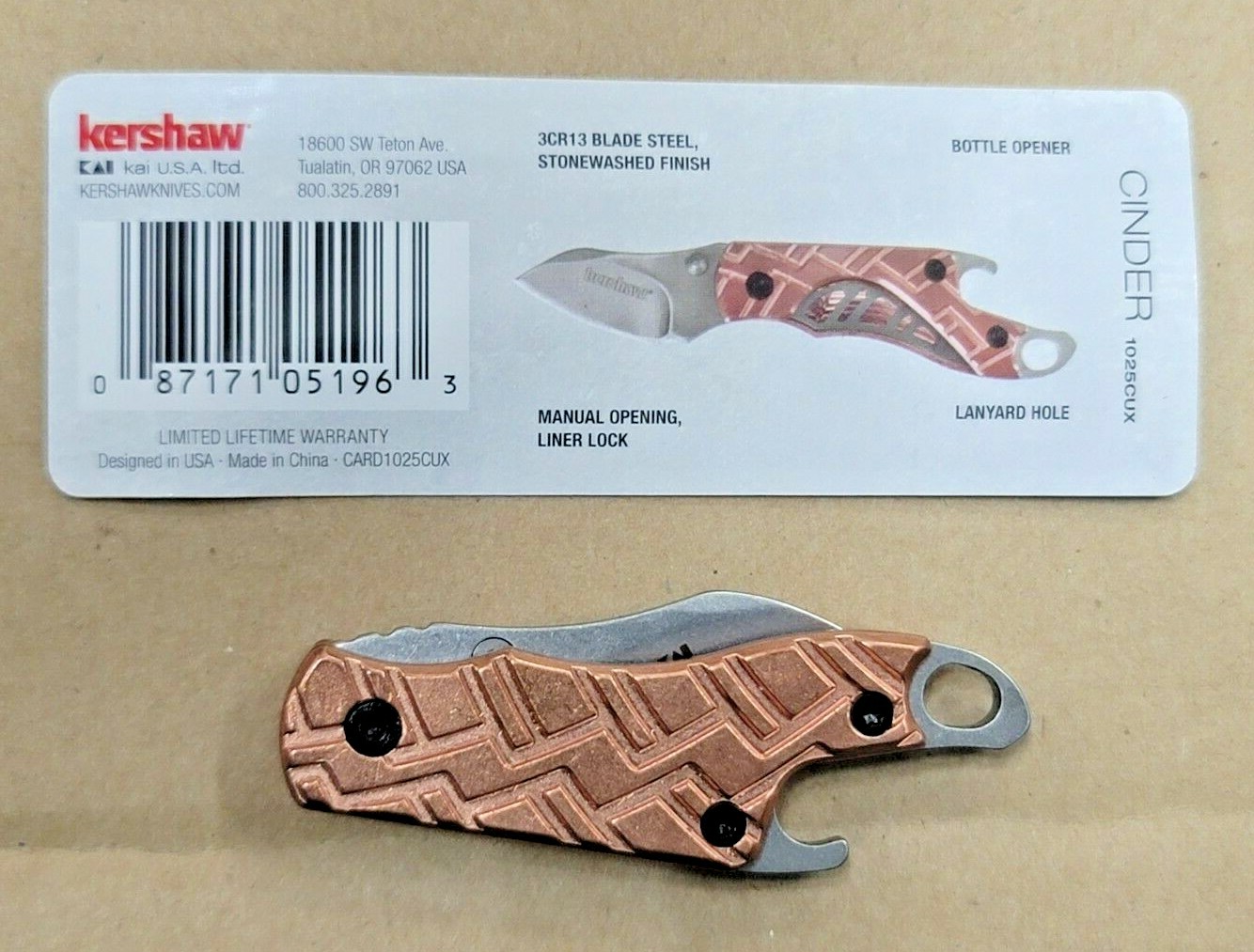 Kershaw Copper Cinder Pocket Knife w/Thumb Stud, Lock & Bottle Opener #1025CUX