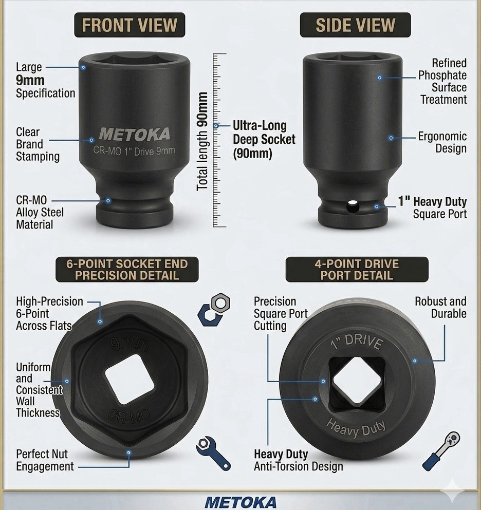 65mm 1″ Drive CR-MO 6 Point Impact Socket 90mm Deep Heavy Duty Wheel Nut METOKA
