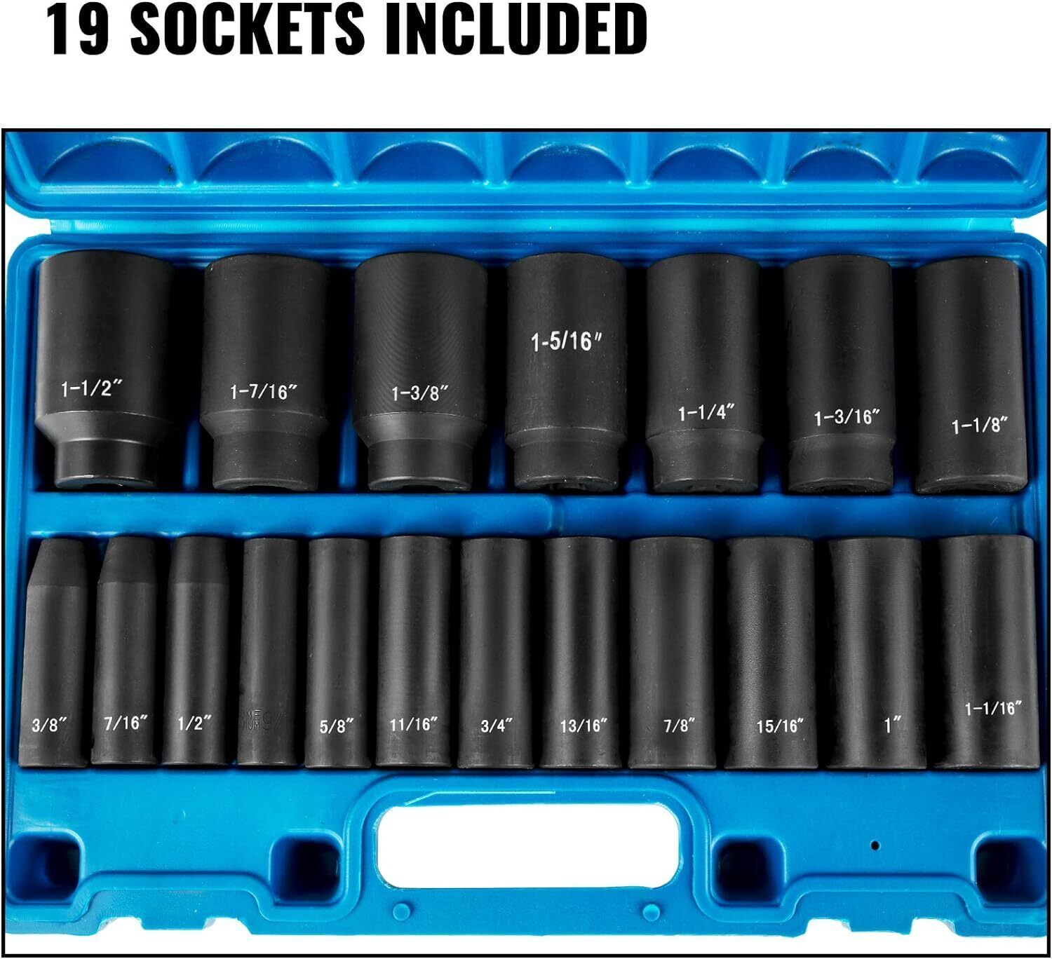 Impact Socket Set 1/2 Inches 19 PCS, 3/8» to 1-1/2» SAE 6-Point Hex Sockets