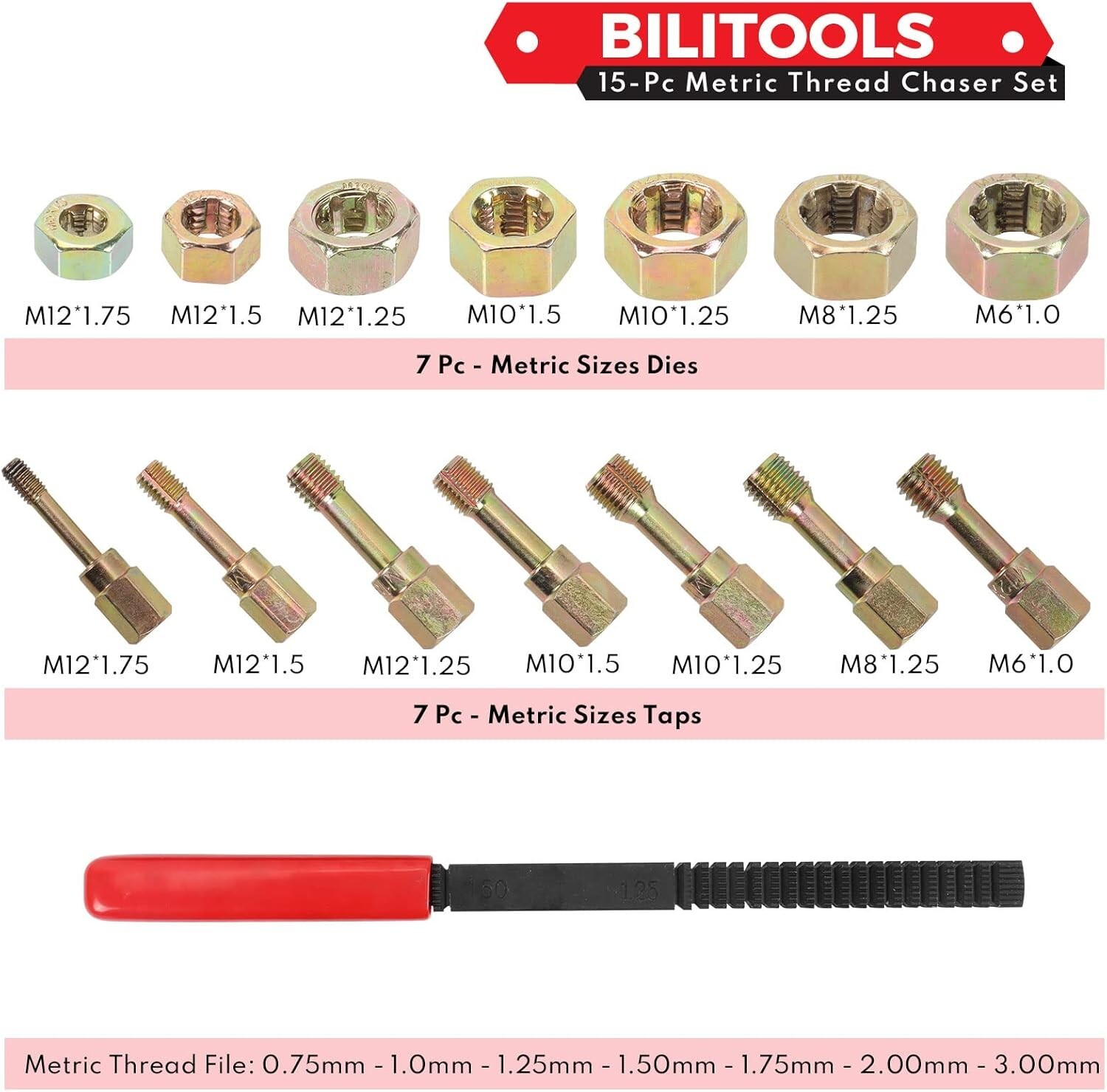 15-Piece Metric Thread Chaser Set, M6 M8 M10 M12 Thread Restorer Tool Thread Ret