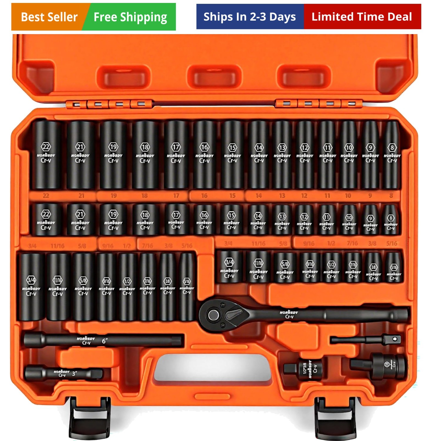 3/8″ Drive Impact Socket Set, 50-Piece Standard SAE 5/16 to 3/4 inch and 8-22…