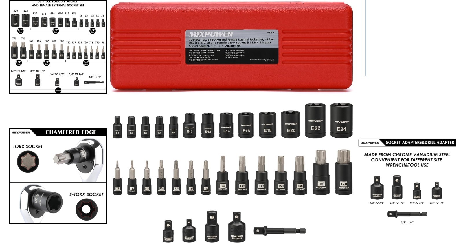 Durable 32-Piece Torx Socket Set with Adapters: T8-T70 & E4-E24, Black Phosphate