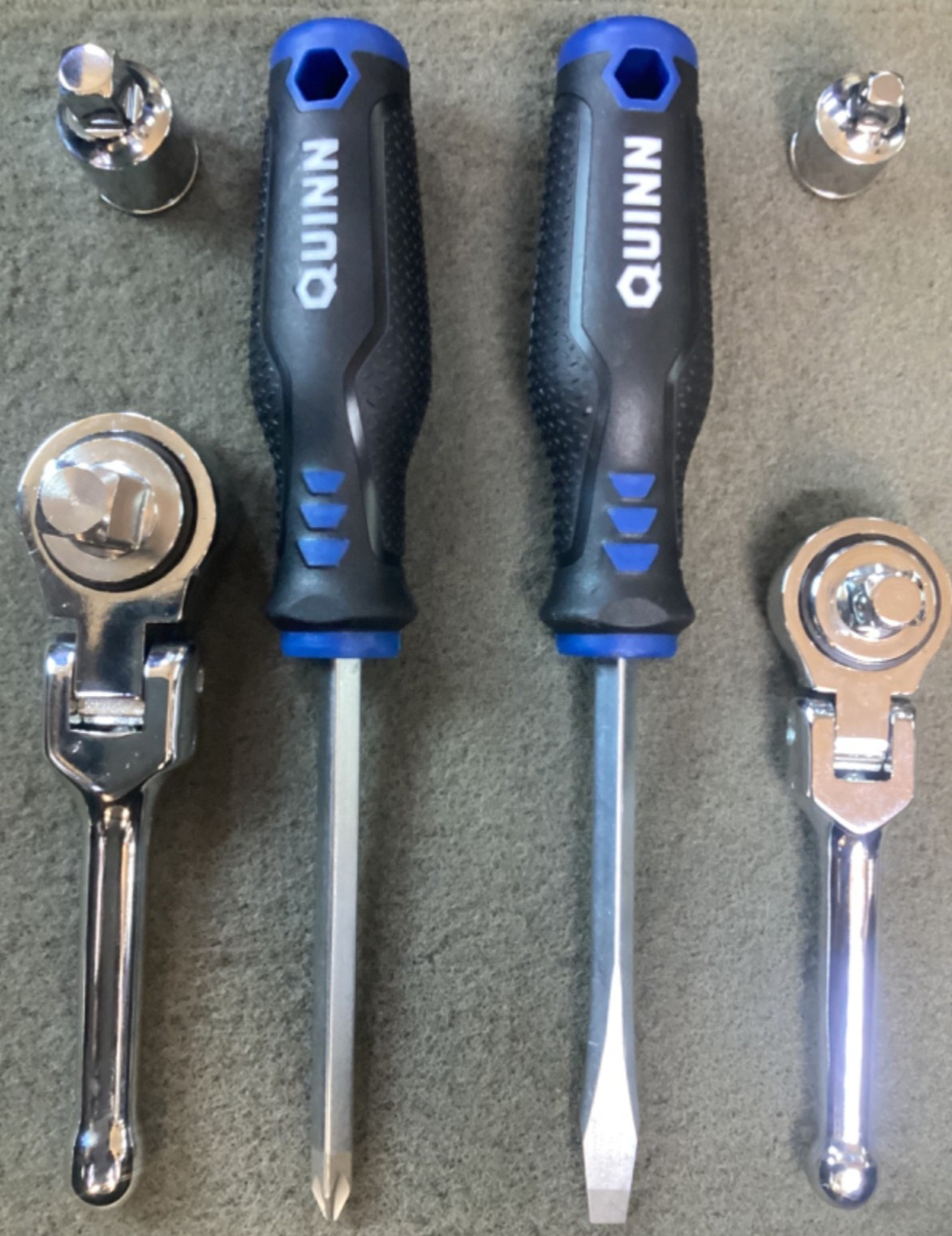 Pittsburg Stubby Flex Head Ratchets (1/2,3/8) with Icon Adapters, Quinn Drivers