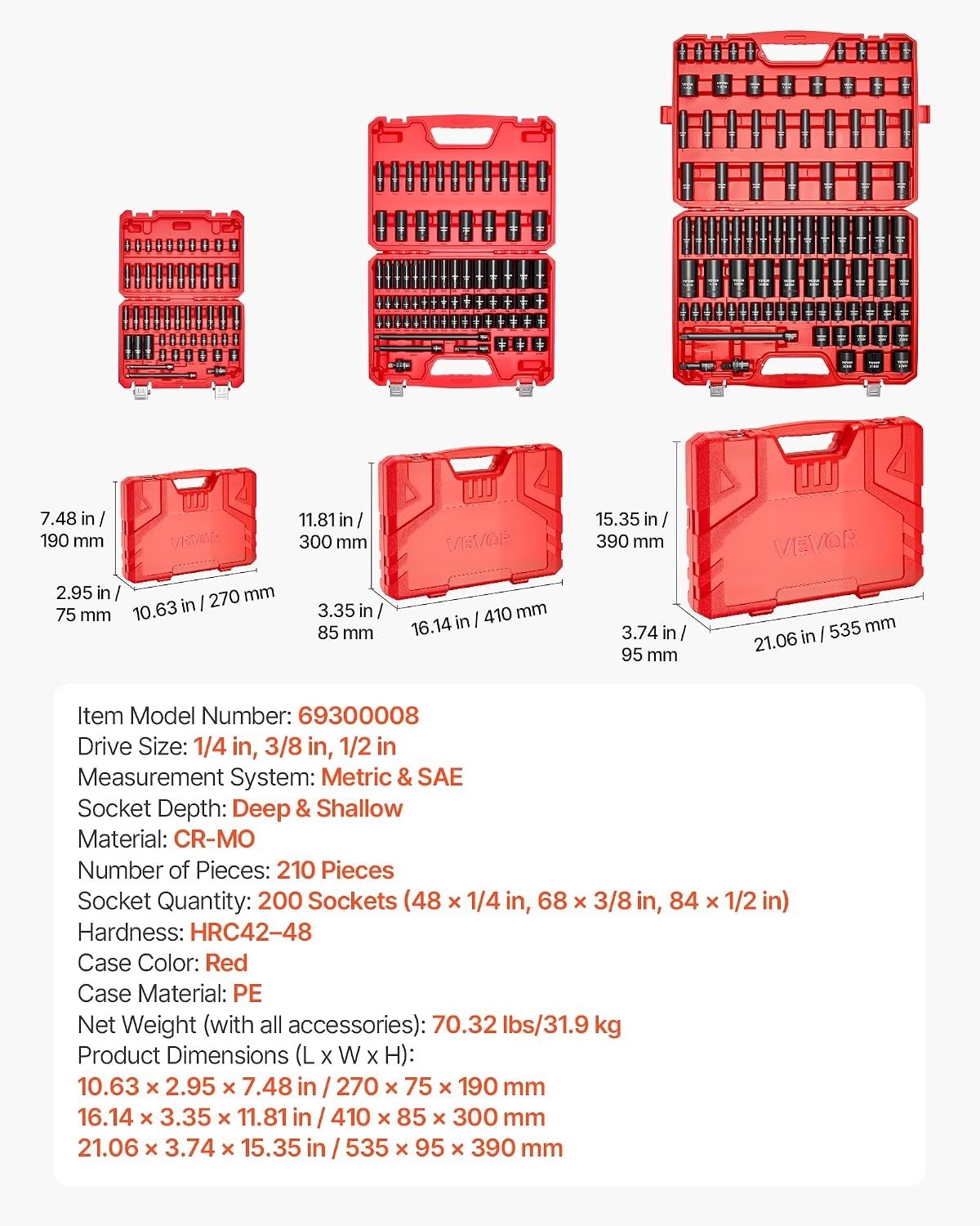 High-Impact Torque Socket Set, 210-Piece with Extension Bars