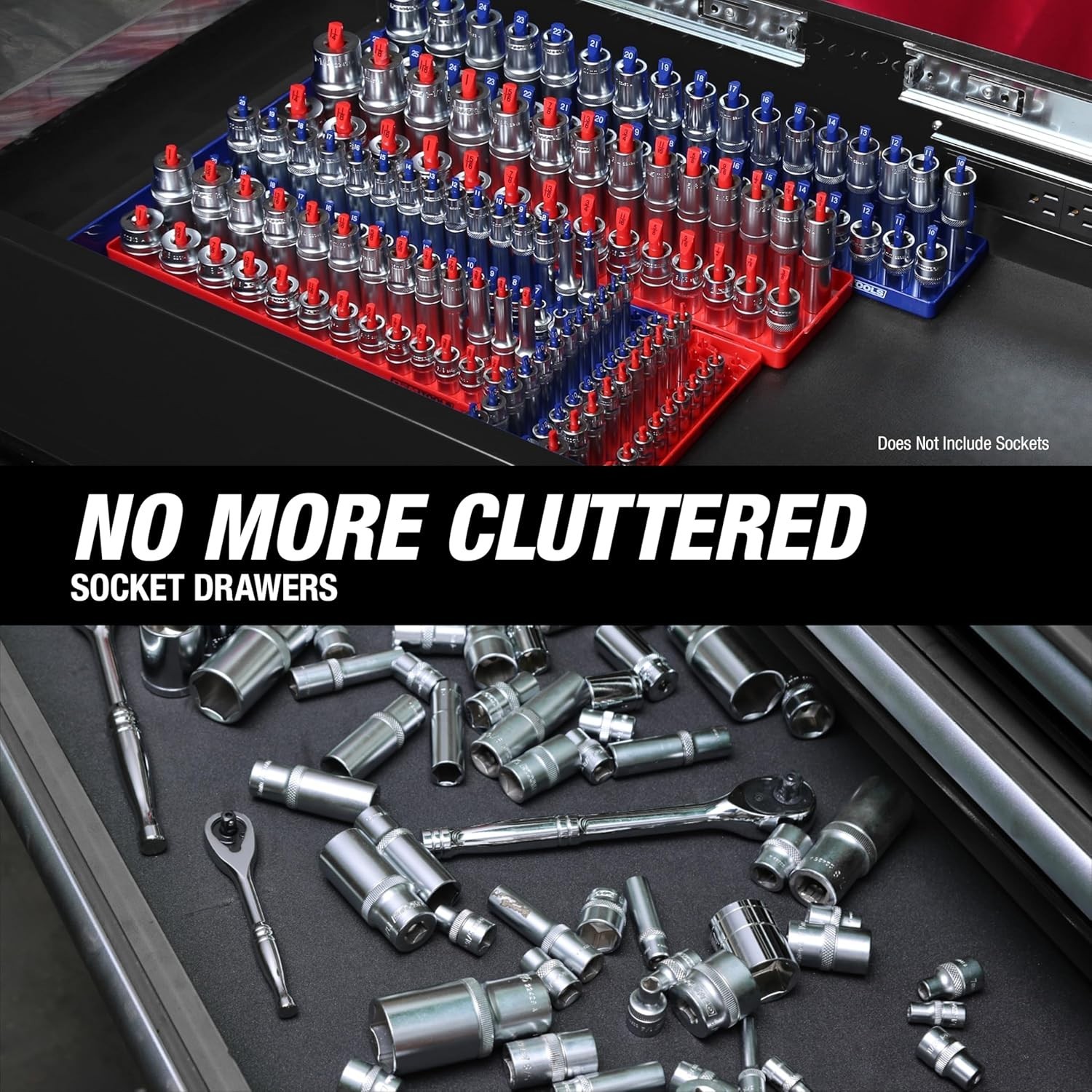 6 Piece Socket Tray Set for SAE and Metric Storage, Red and Blue Organizer