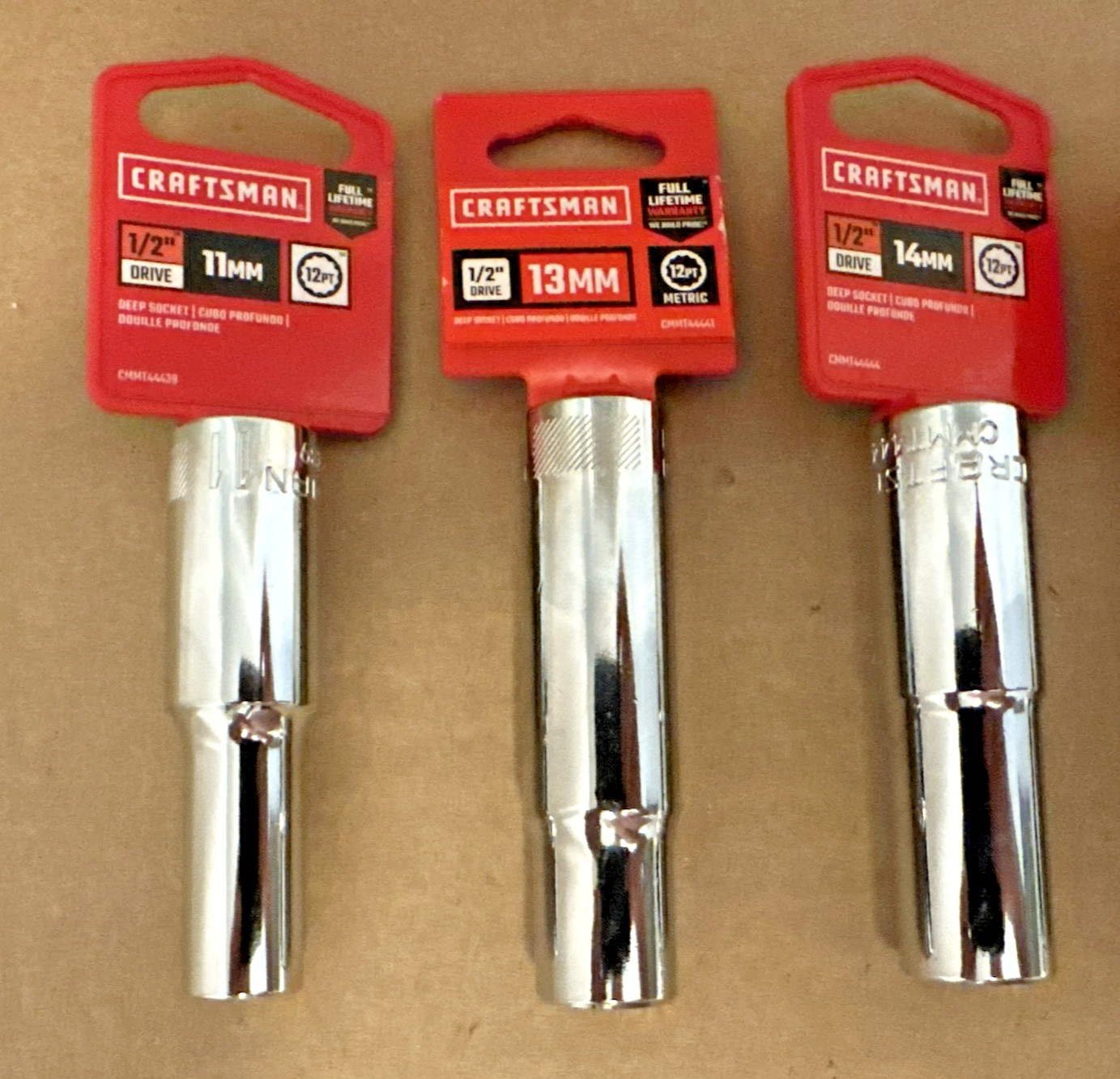 Craftsman 1/2 Drive 11mm, 13 mm, 14 mm, 15mm 16mm Deep Well Lot of 5 Five NOS