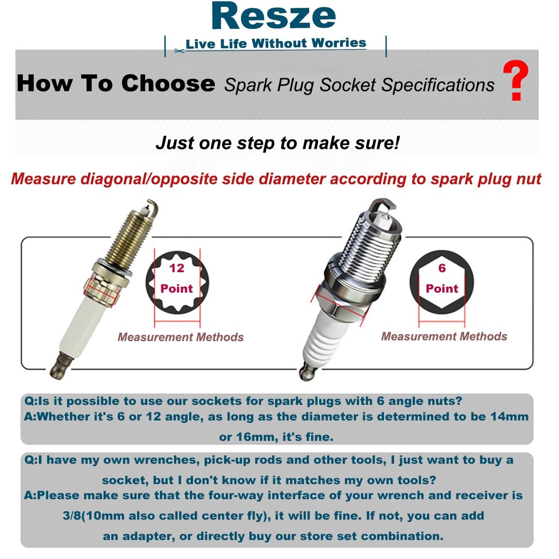 Resze 5/8-Inch（16mm） Thin Wall Spark Plug Socket,12 Short 5/8″（16mm）, Silver
