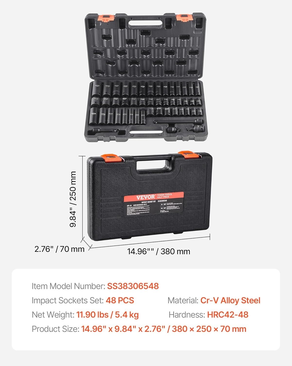 Impact Socket Set 3/8 Drive 48 Pieces SAE Metric Deep Shallow CR-V Alloy