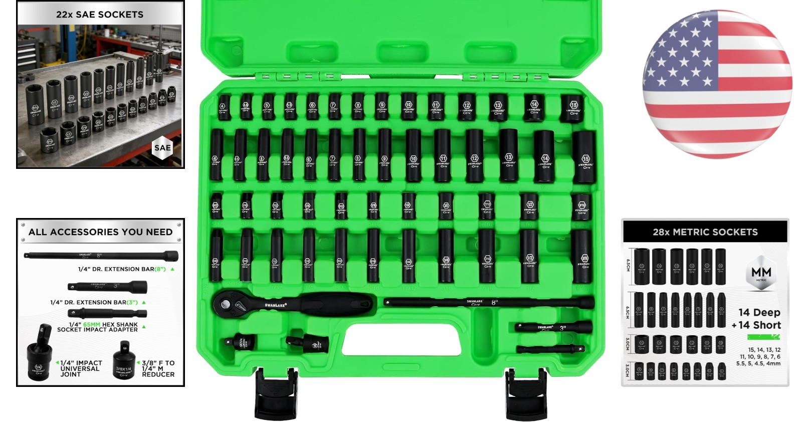 SWANLAKE 56-Piece 1/4-Inch Drive Impact Socket Set – Chrome Vanadium Durability