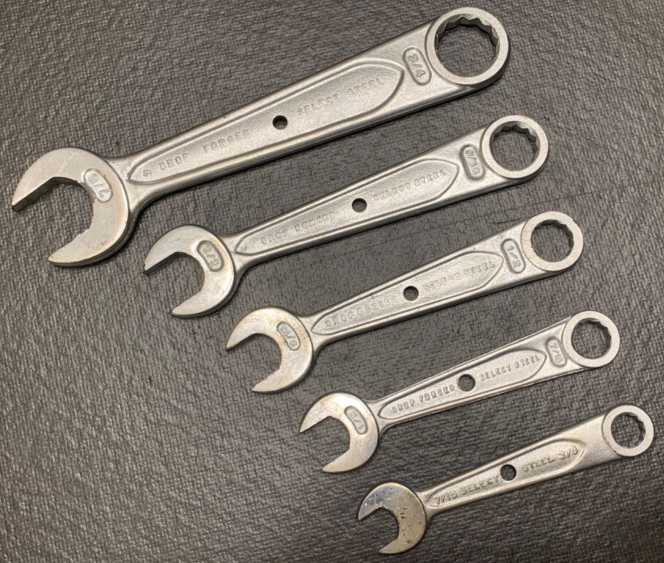 Lot 5 Vintage Indestro «Select Steel» SAE Open-Box End Wrenches Made in USA