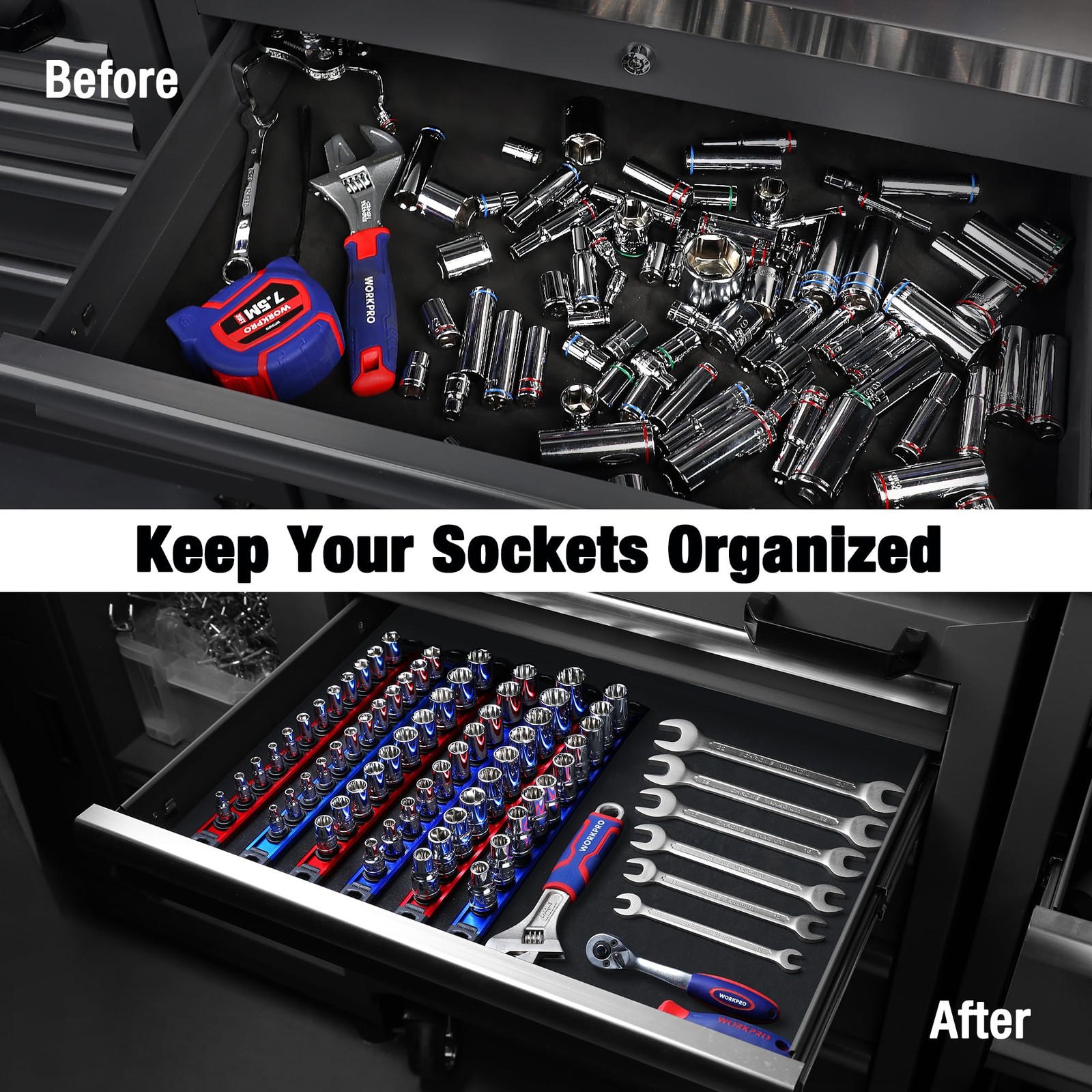 WORKPRO Magnetic Socket Organizer Set, 3 Pieces-1/4″, 3/8″, & 1/2″ DR, Red