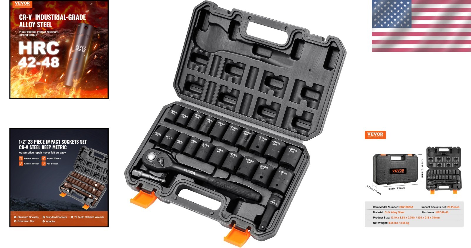 Durable 1/2″ Drive Impact Socket Set, 23 Pieces in SAE & Metric for Auto Repair