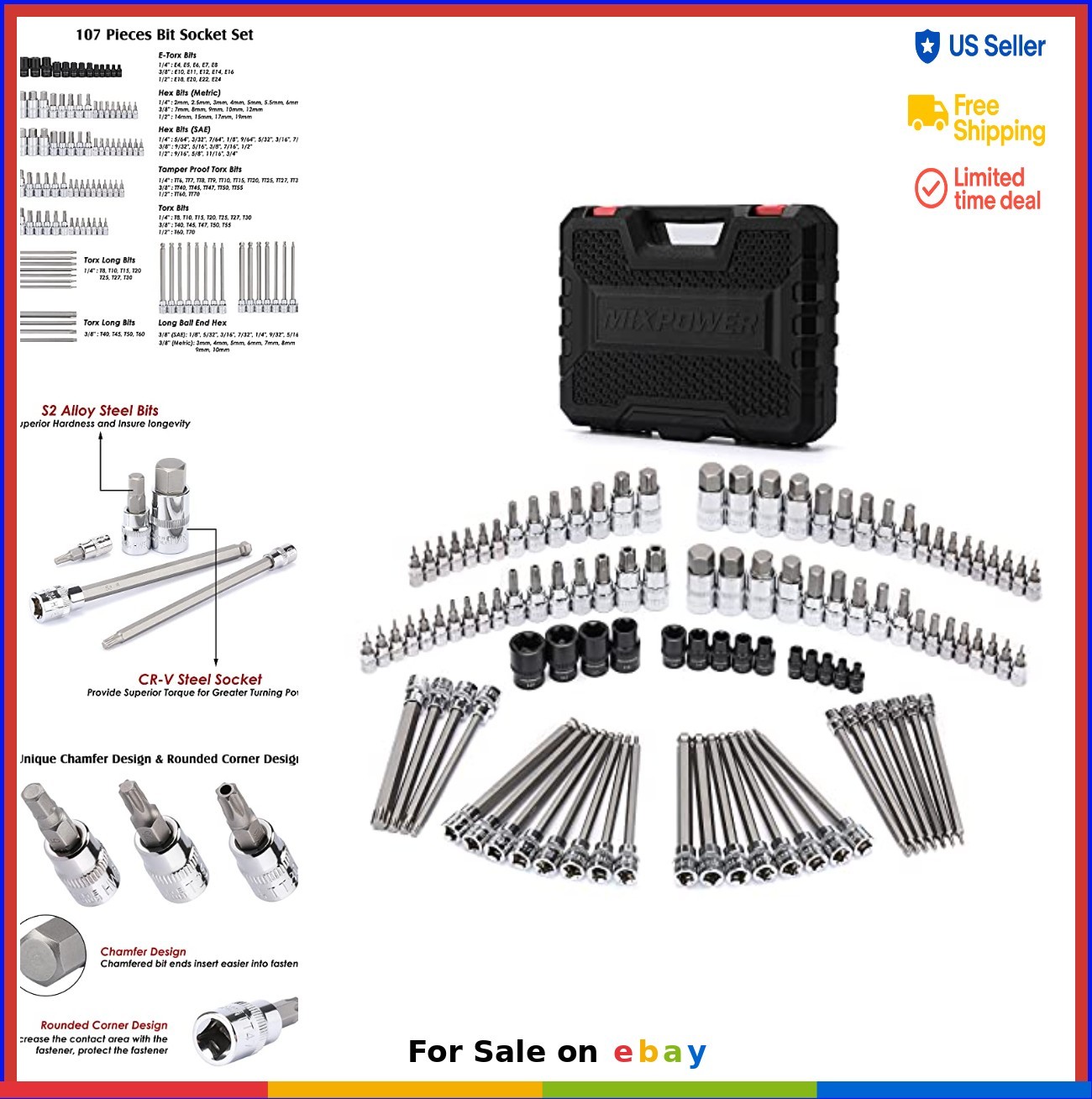 107 Piece Bit Socket Set 1/4 3/8 1/2 Inch Drive Torx Hex SAE Metric S2 Steel