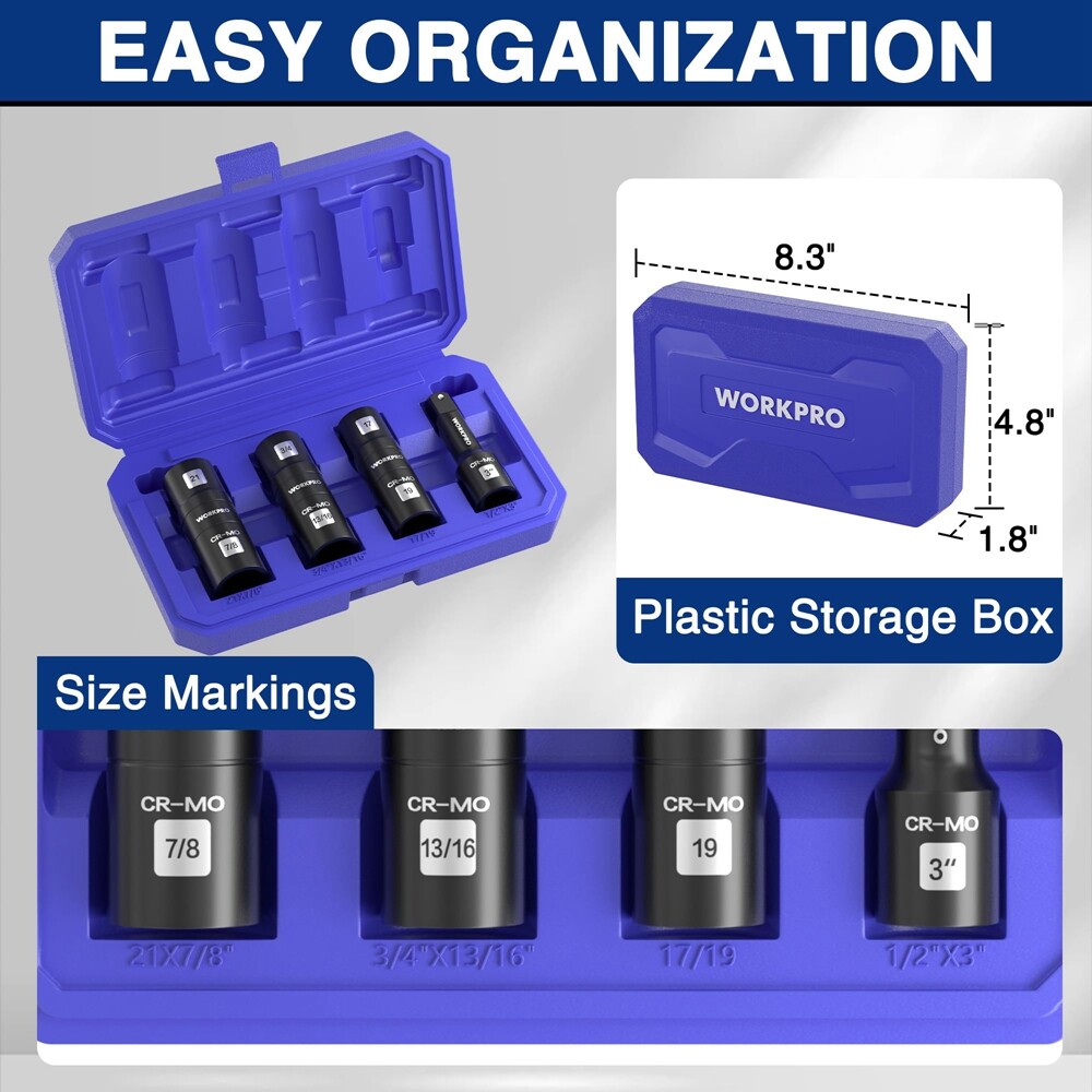 WORKPRO 4PC 1/2″ Dr Impact Socket Set Lug Nut Wheel 3″ Extension Bar Flip Socket