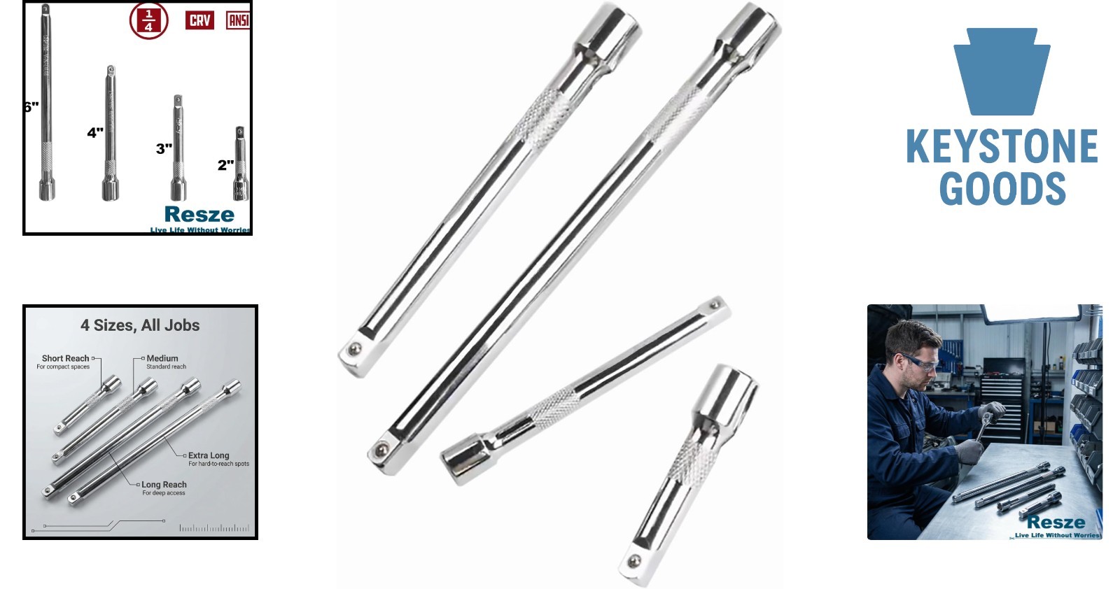 4-Pc Socket Extension Set – Chrome Vanadium, Various Lengths, Impact Ready
