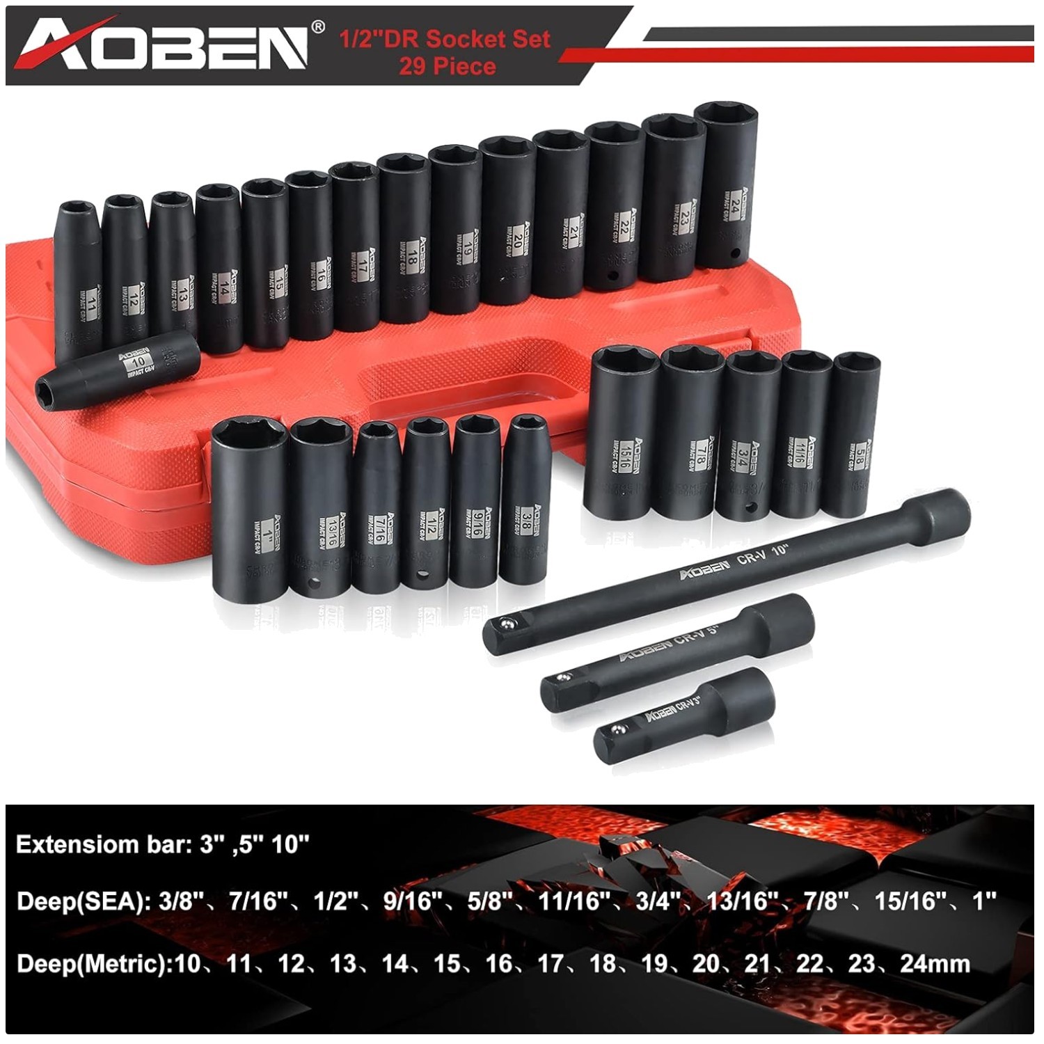 29-Piece 1/2″ Drive Impact Socket Set, SAE/Metric, 6-Point