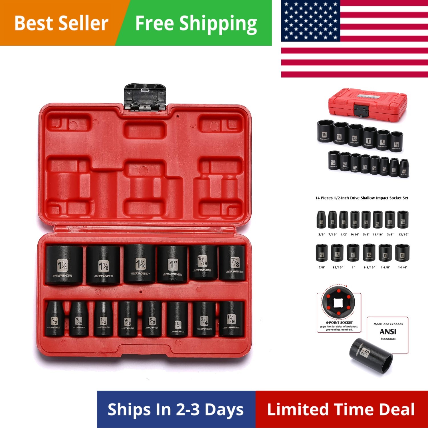 14 Pieces 1/2-Inch Drive Shallow Impact Socket Set, 3/8-Inch to 1-1/4 Inch, C…