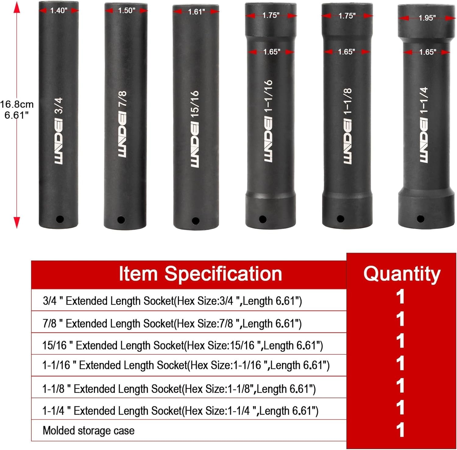1/2 Inch Drive Extended Length Impact Socket Set 6PCS Extra Deep Socket Set Incl