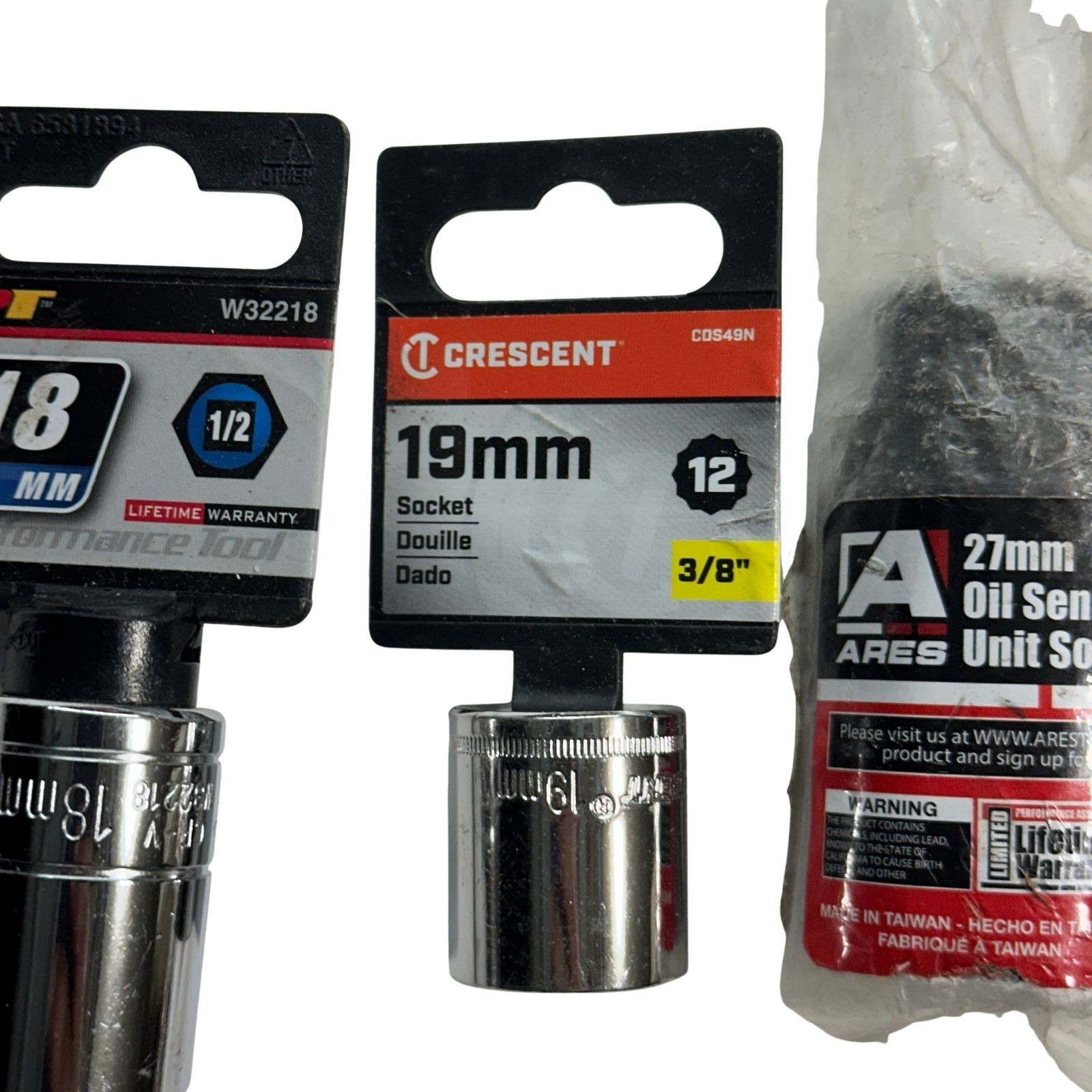 Performance Tool Crescent Ares Sockets 18mm 19mm 27mm 1/2″ and 3/8″ Drive, 3 pcs