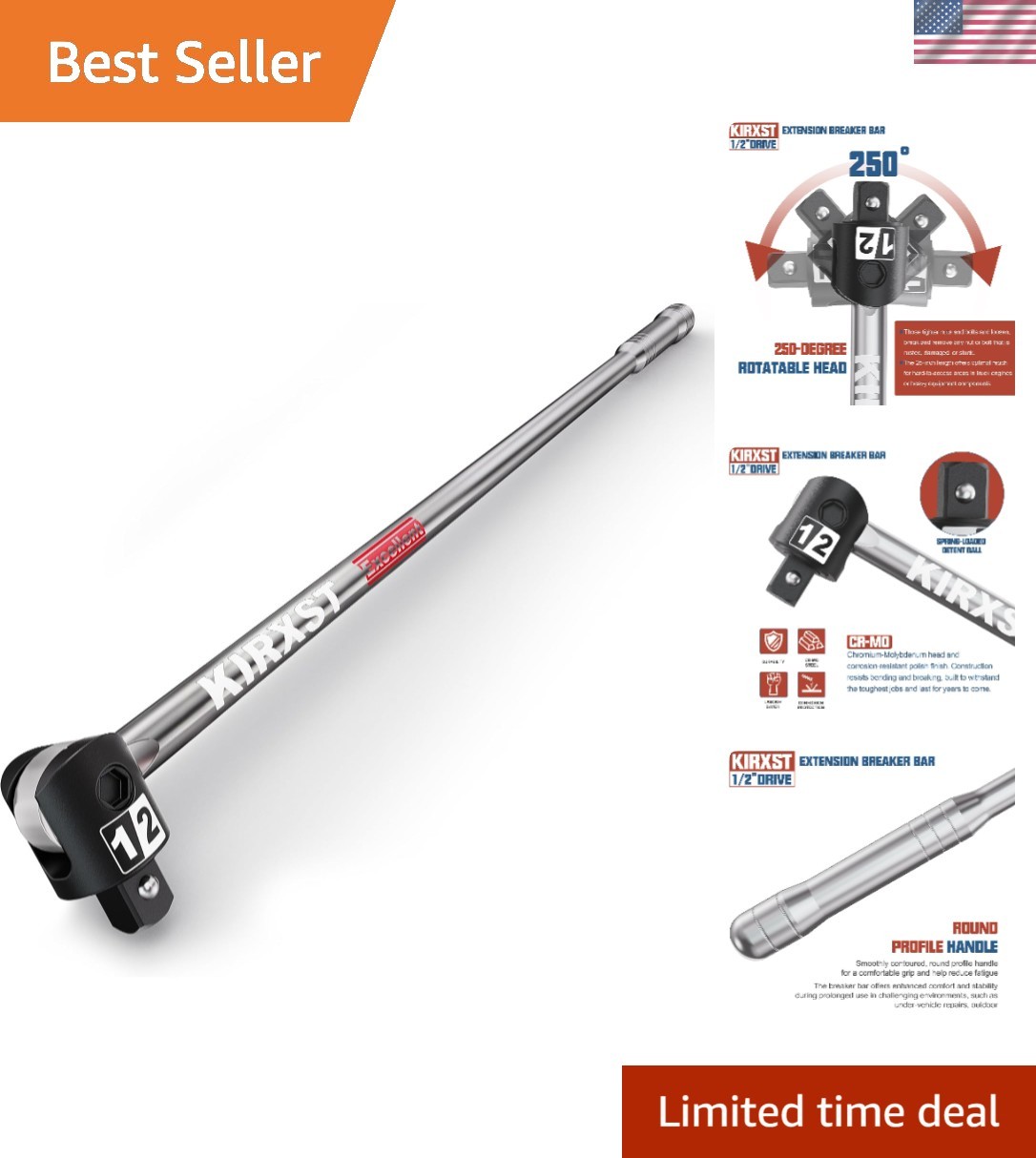 25-Inch Heavy Duty Breaker Bar with 250° Rotatable Head for Mechanical Mastery