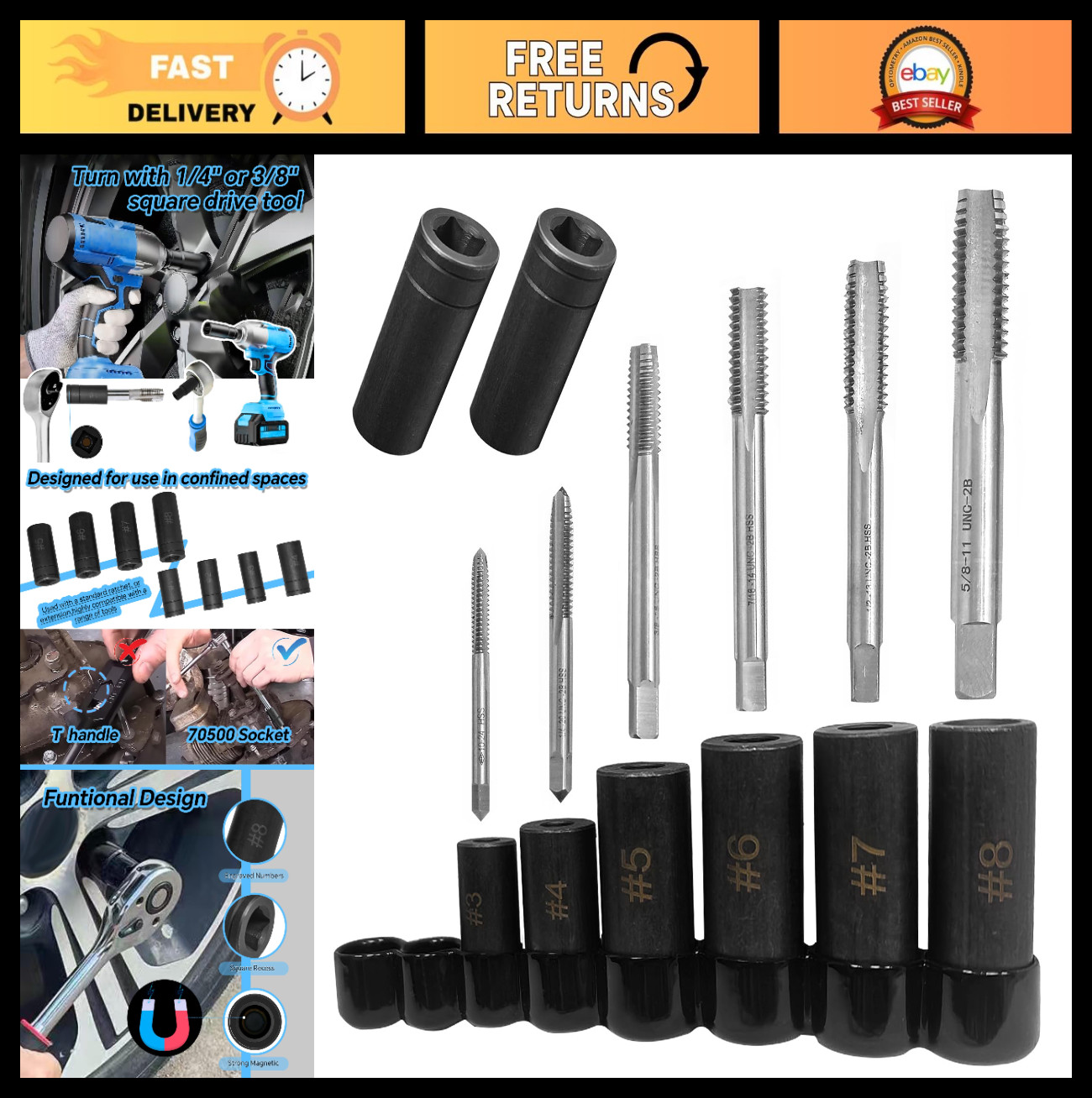 8-Piece Tap Socket Set – 1/4″ & 3/8″ Drive, Fits Standard Taps NPT & Metric, Wre