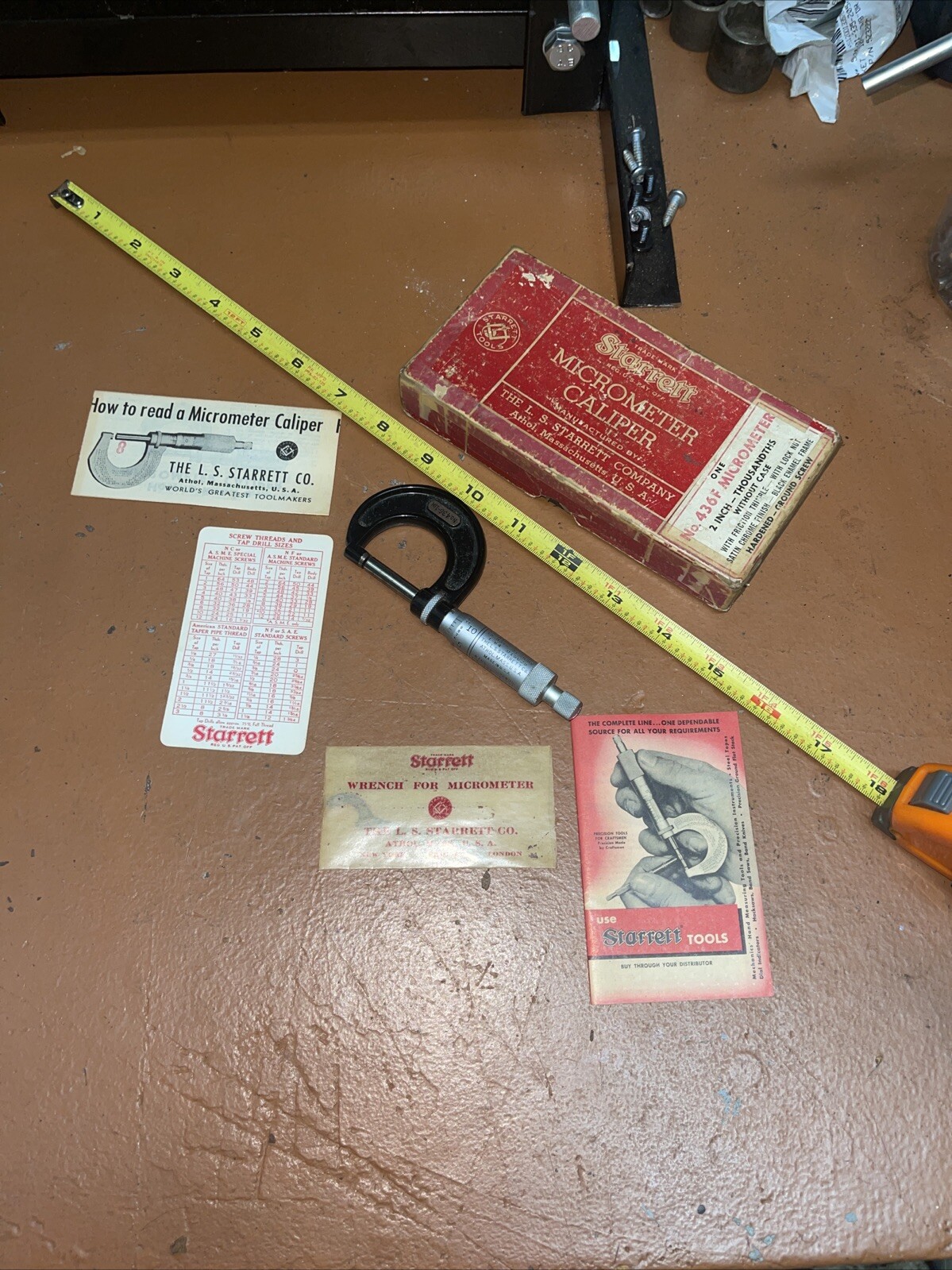 Vintage LS Starrett No 436 F 4361 1 In Micrometer CALIPER Box And Papers Wrench