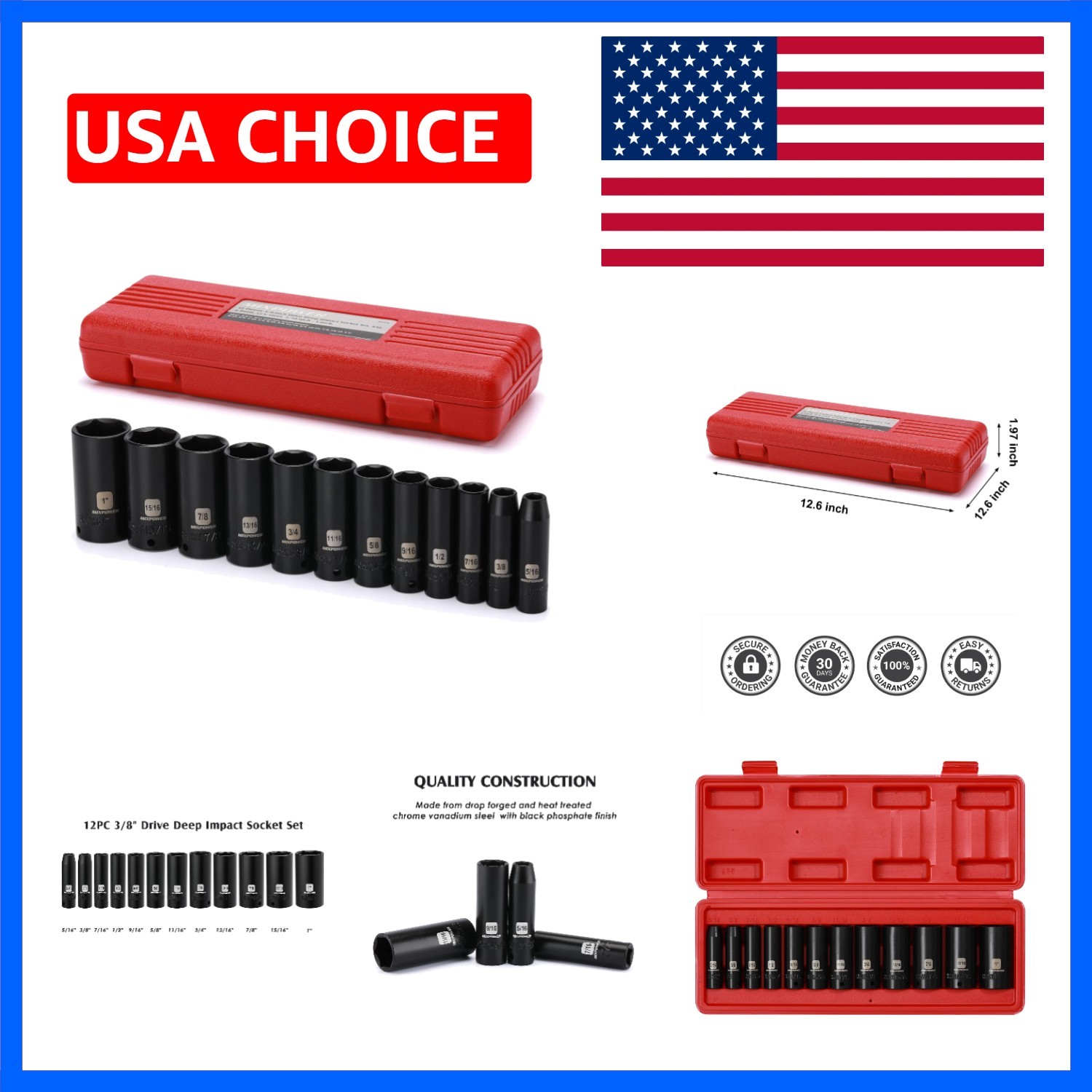 12 Pieces 3/8-Inch Drive Deep Impact Socket Set, 5/16 to 1 inch, CR-V, SAE, 6…