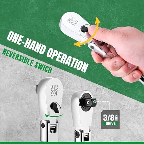 3/8″ Drive Flex Head Ratchet Handle – 90-Tooth, Reversible, CR-V, Ergonomic Grip
