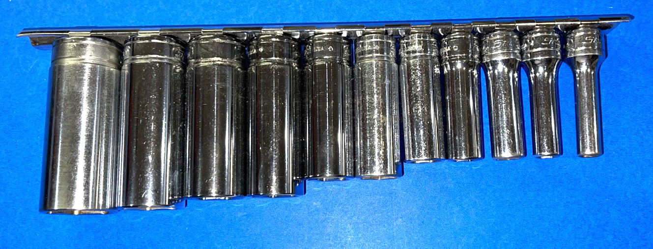 SNAP-ON TOOLS 11 PIECE 3/8 DRIVE SAE. DEEP CHROME 6 POINT SOCKET SET 211SFSY