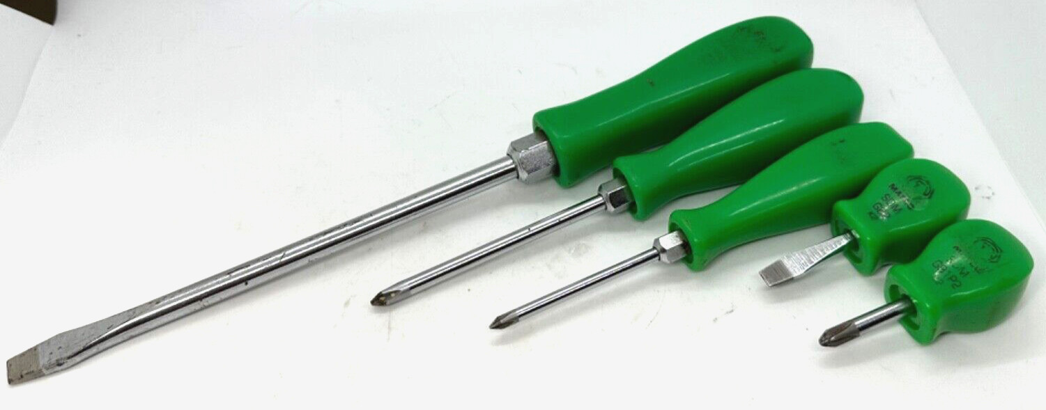 VTG Matco Tools Phillips Flat Standard Tip Screwdriver Set Lot Green Stubby Long