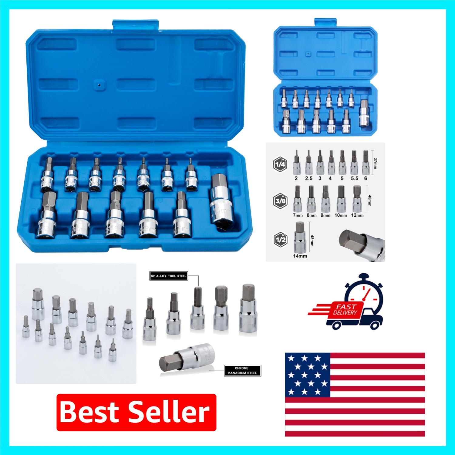 Versatile Hex Bit Socket Set with S2 Steel – 13 Pieces 2mm to 14mm