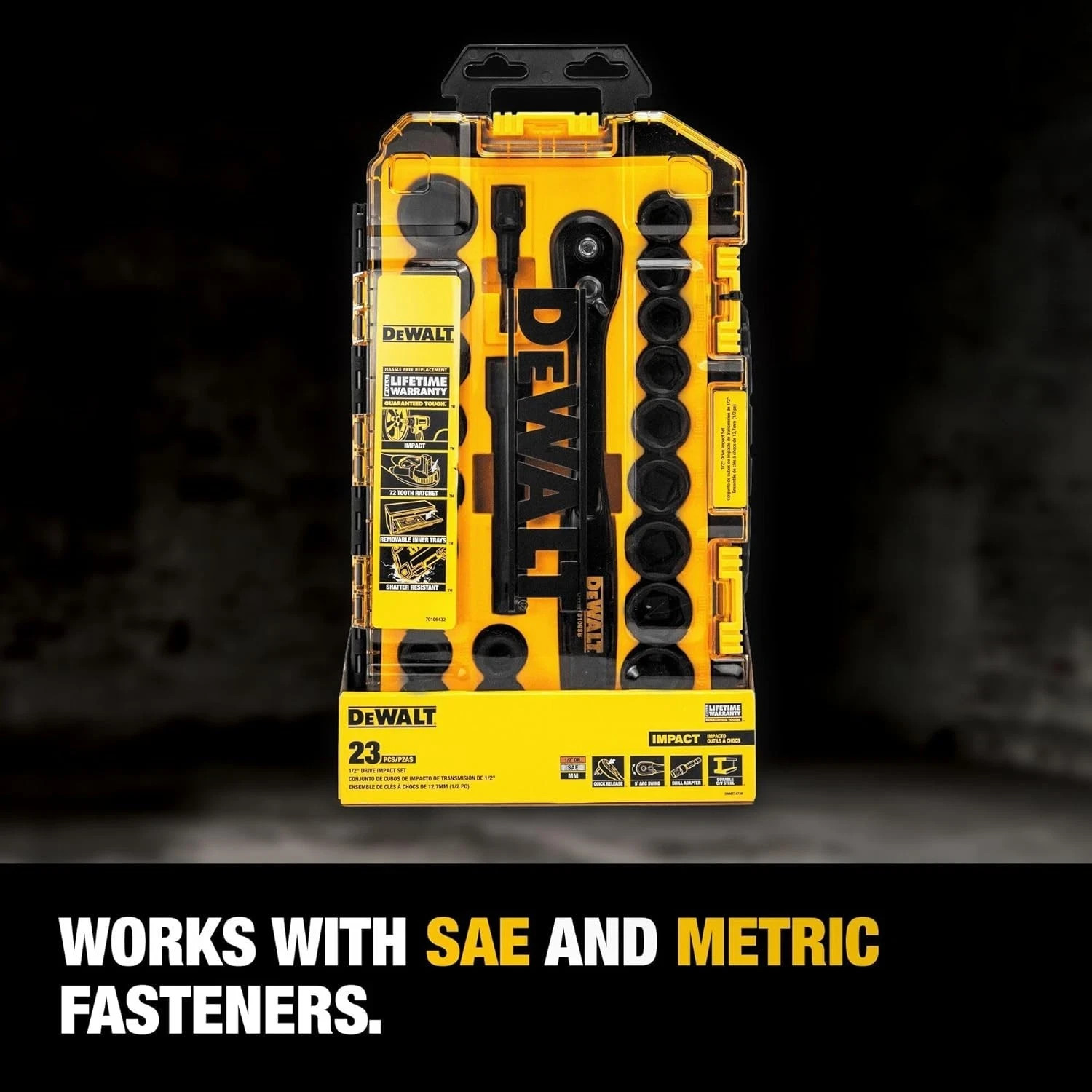 DEWALT 23-Pc Impact Socket Set w/Ratchet 1/2″ Drive Metric & SAE (DWMT74739)