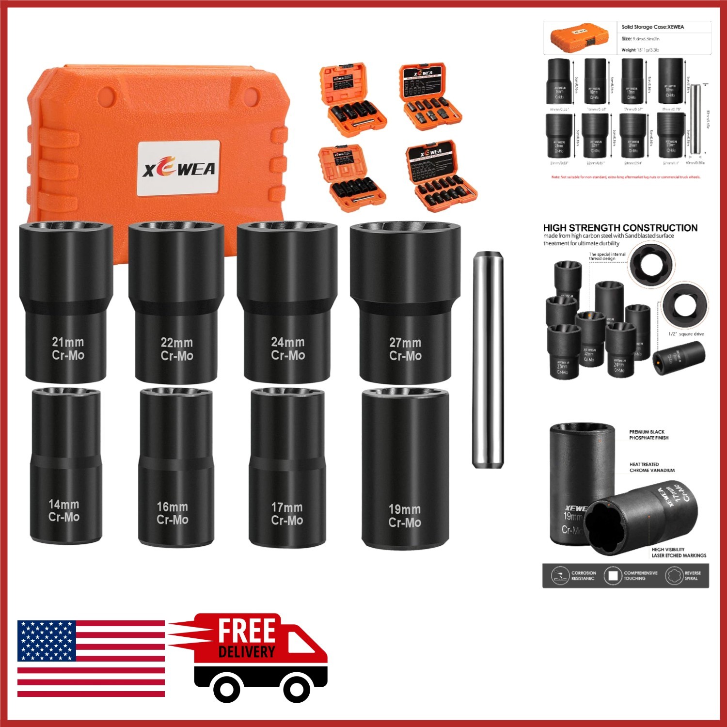 Lug Nut Extractor Set 9PCS Chrome Molybdenum Steel for Wheel Lock Removal