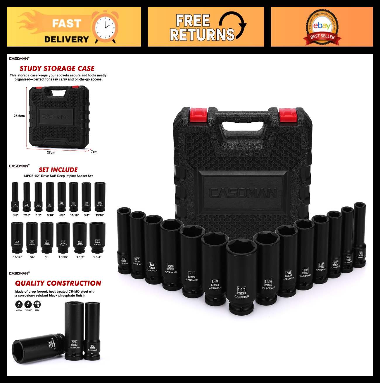 14PCS 1/2″ Drive Deep Impact Socket Set, SAE 6-Point, CR-MO, Auto Repair, Mechan