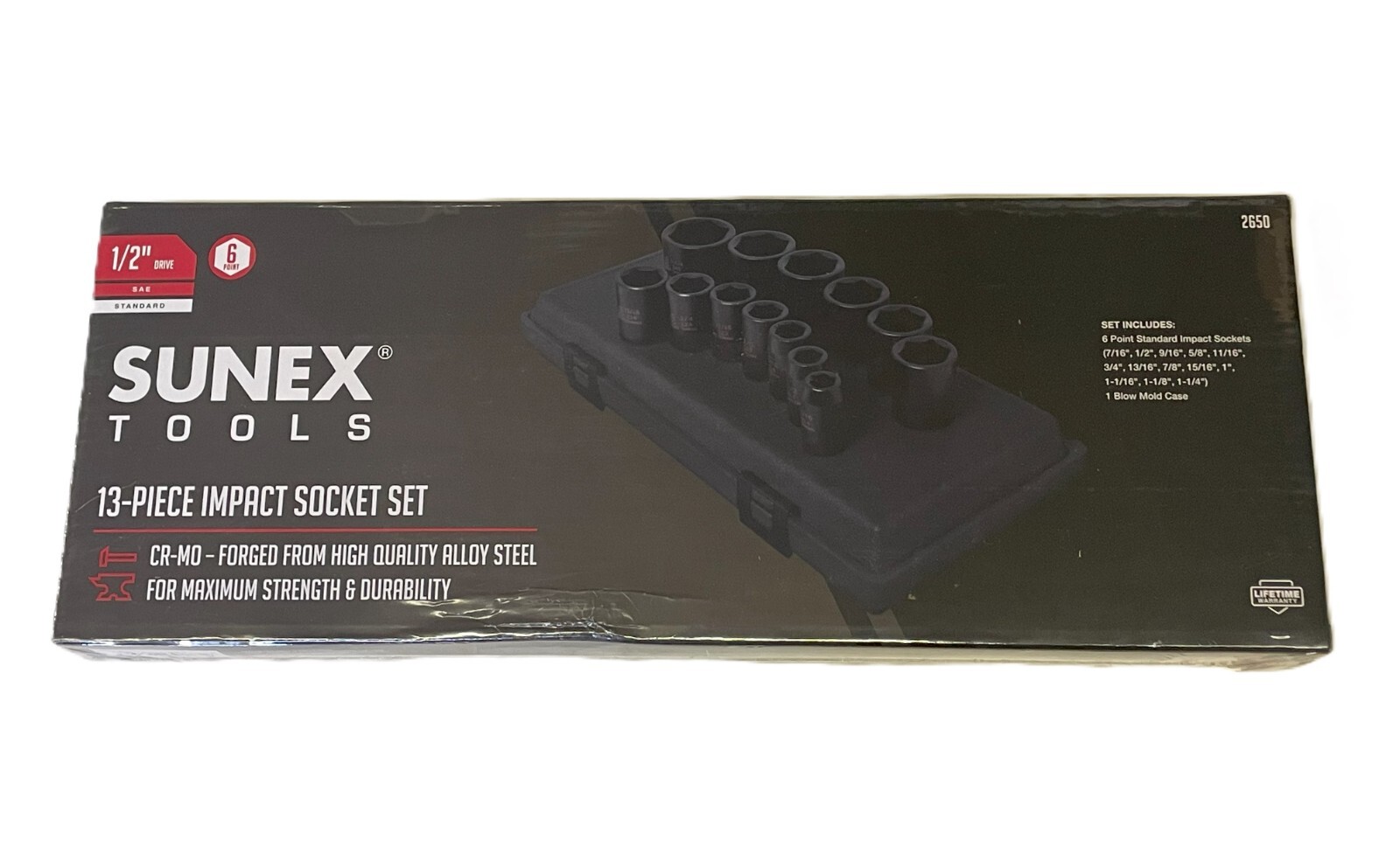 Sunex 13pc 1/2″ SAE 6pt Point Impact Sockets Set Tools Drive Standard INCH 2650