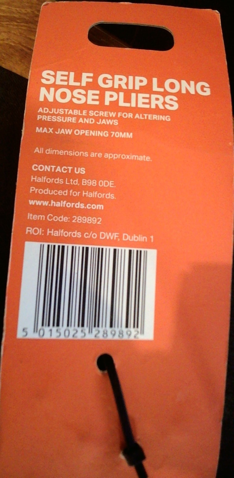 Halfords Self Grip Long Nose Pliers. 220mm long. 70mm Jaw Opening. Adj screw.