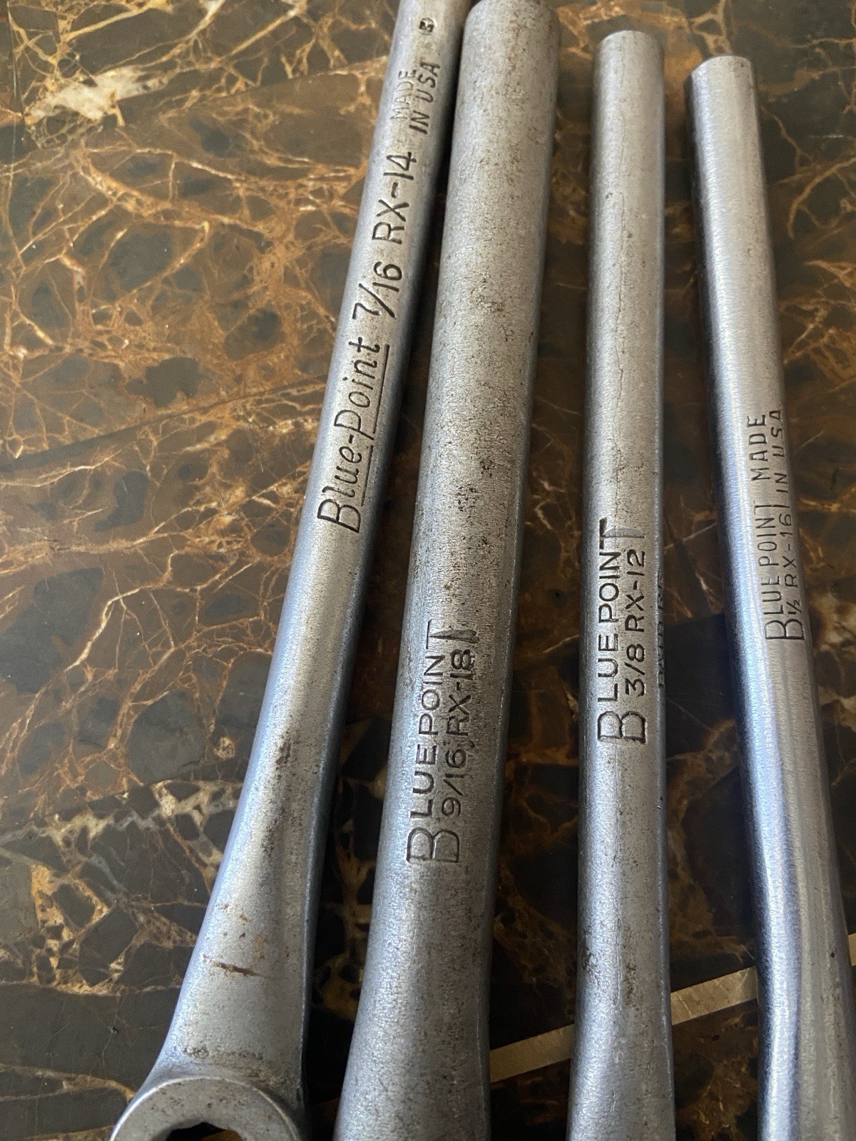 4 PRE-OWNED RX FLARE NUT WRENCHES 7/16, 9/16, 3/8, 1/2 Blue point