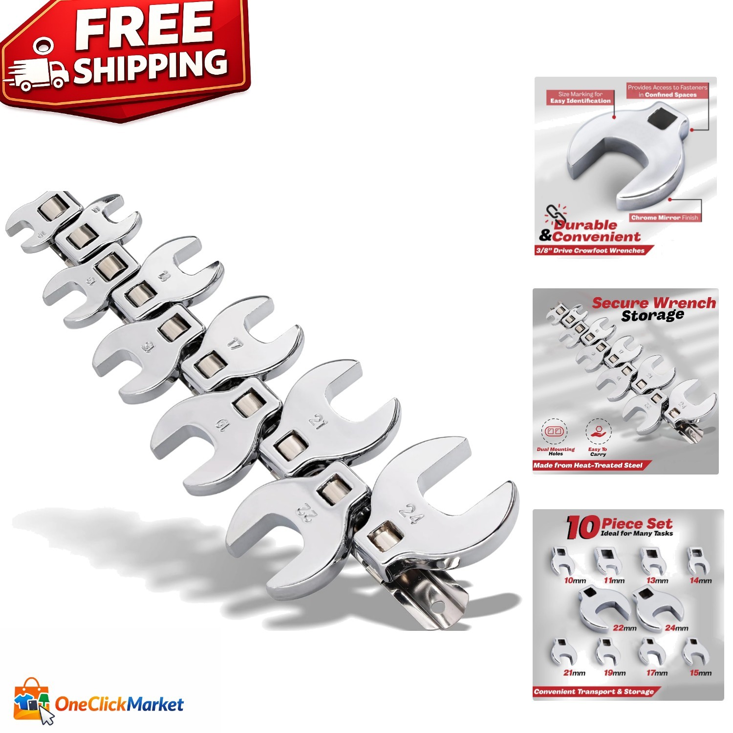Durable Open-End Crow Foot Wrench Set – Access Tight Areas with 10 Metric Sizes