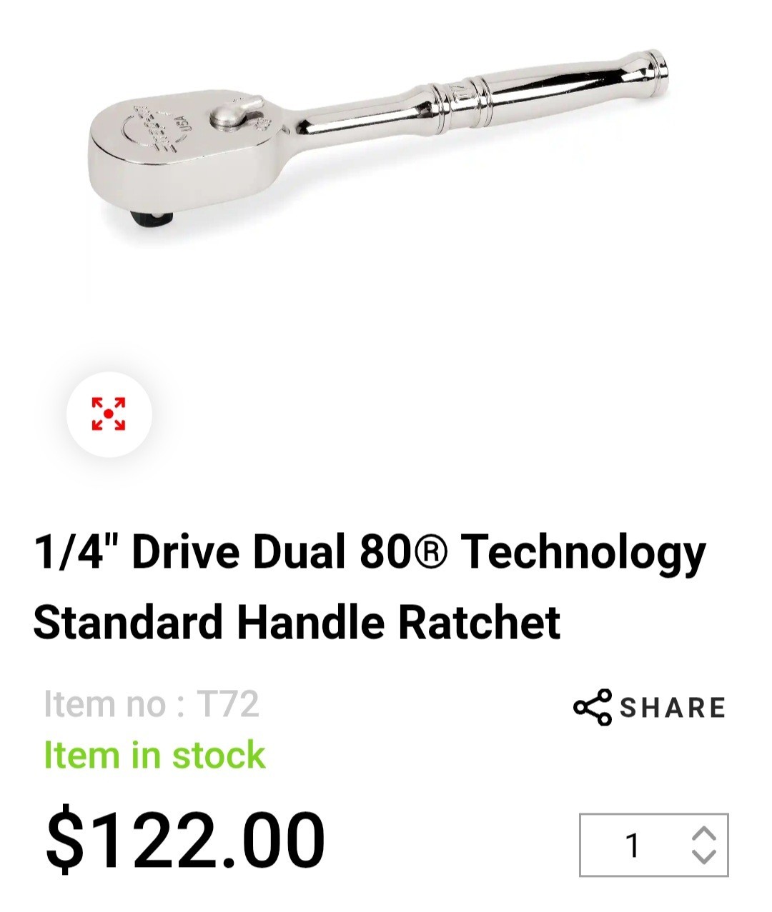 Snap On 1/4″ Drive Dual 80® Technology Standard Handle Ratchet 4-7/16″ Long T72