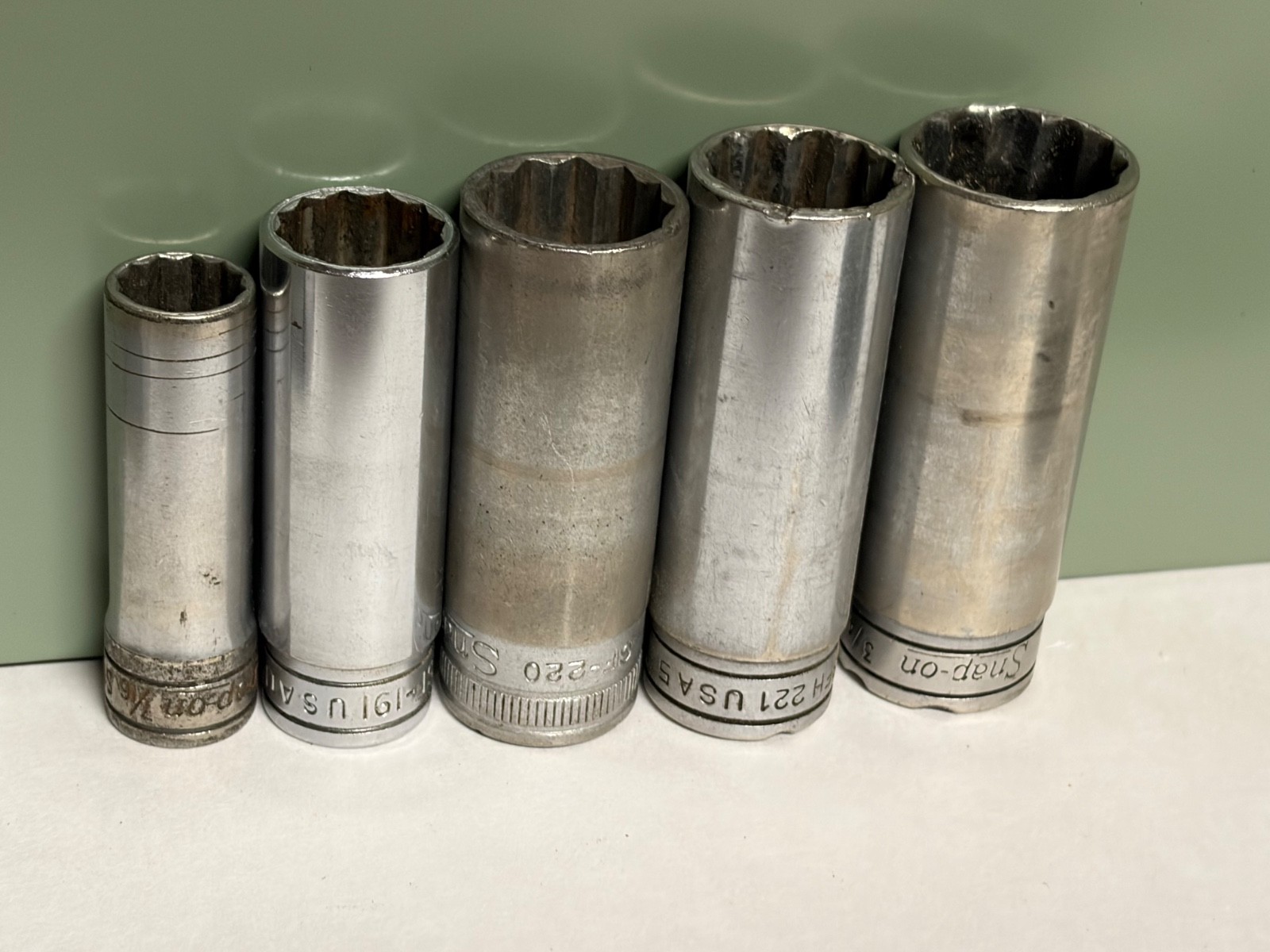 Snap-on 3/8″ Drive SAE 5 Pc Deep Socket Set 12 Point 7/16″-3/» SF – SFH