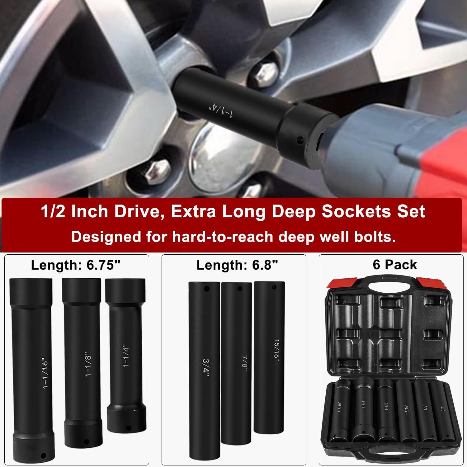 6PCS 1/2» Drive Extended Length Extra-Deep Length Impact Socket Set Heavy Duty