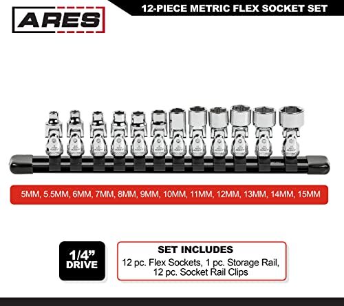 12PCS 1/4-In Drive Metric Flex Socket Set, 6 Point Sockets, Storage Rail Include
