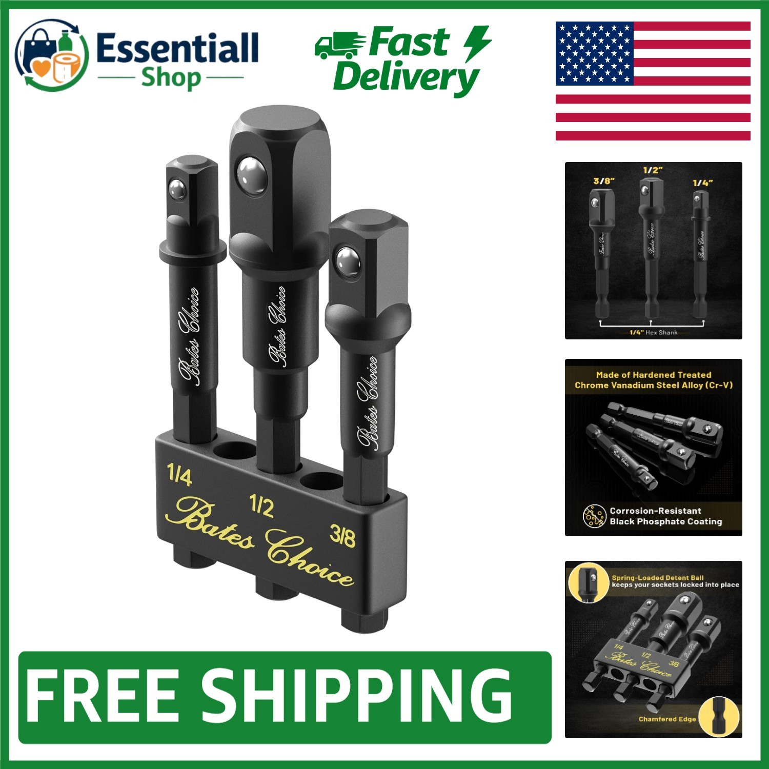 Bates 3-Piece Socket Adapter Set: Adapt Your Drill to 1/4″, 3/8″, & 1/2″ Sizes