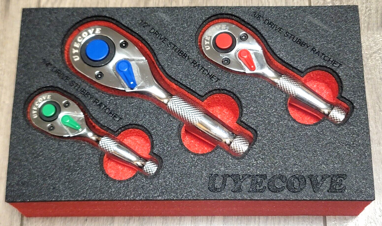 UYECOVE 3pc Color Coded Stubby Ratchet Set w/ Foam Tray 1/4, 3/8 & 1/2″ dr