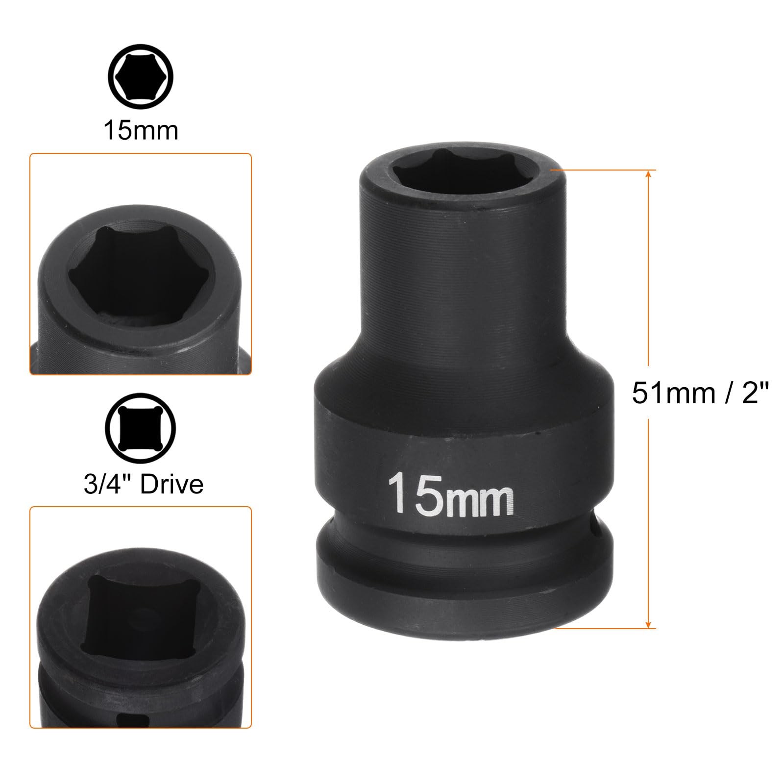 HARFINGTON 6-Point Impact Socket 3/4″ Drive 15mm Metric 40Cr Alloy Steel