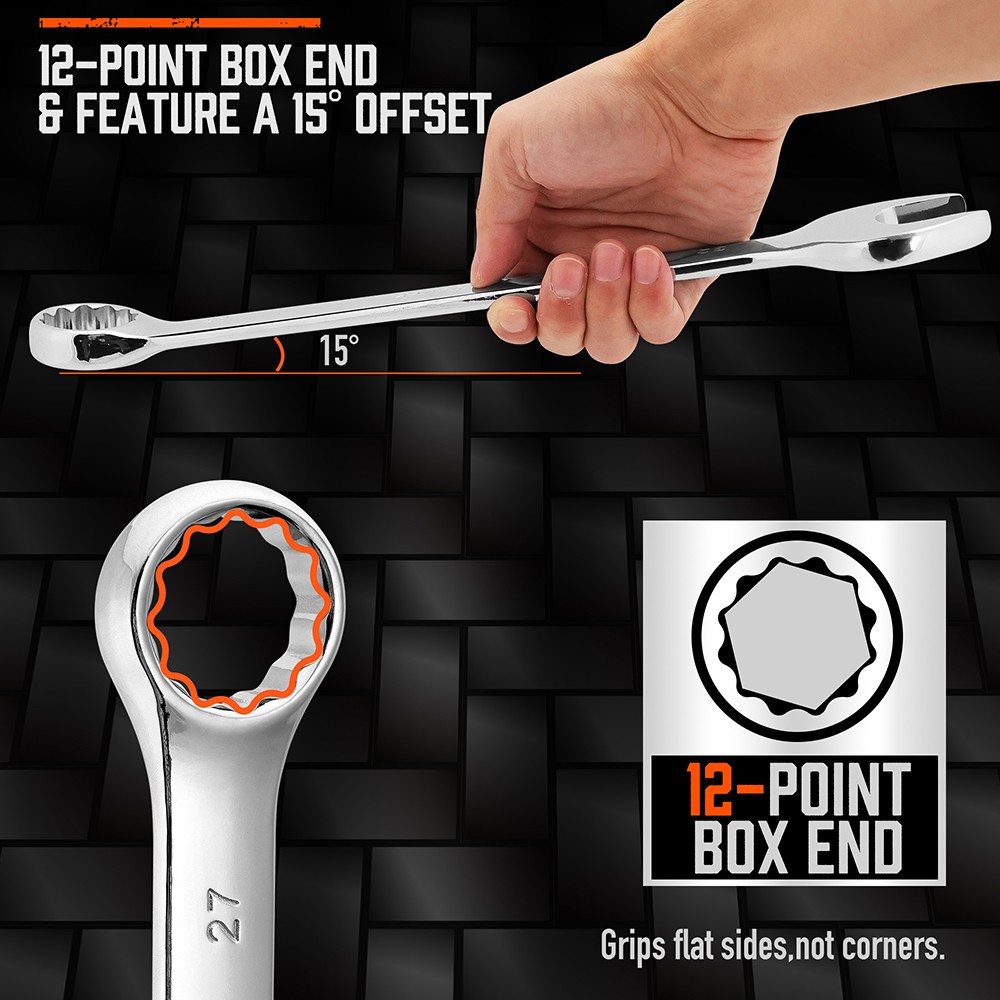 6PC Super Long Metric Combination Wrench Set 23-32mm Ring Open Ended 15° Entry