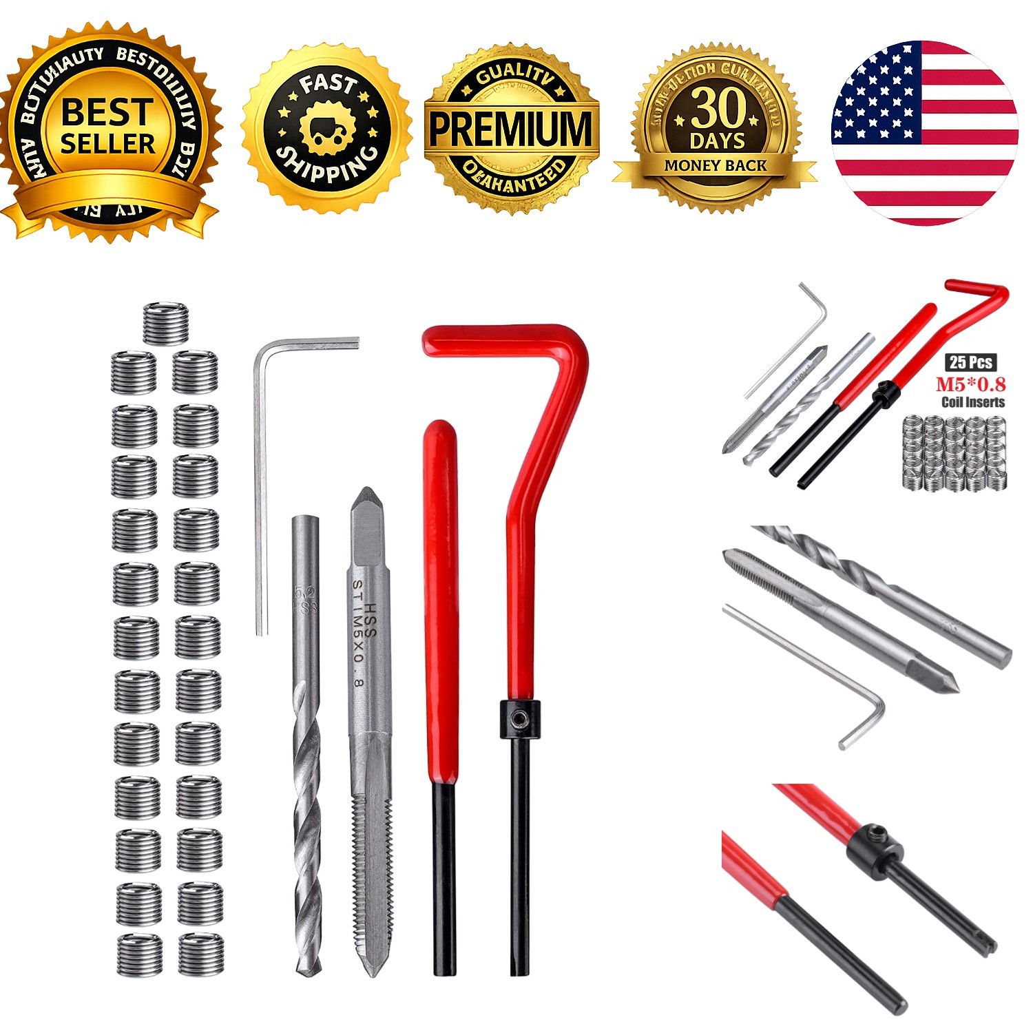 30 Piece M5 x 0.8mm Thread Repair Insert Kit Stainless Steel Helicoil Compatible